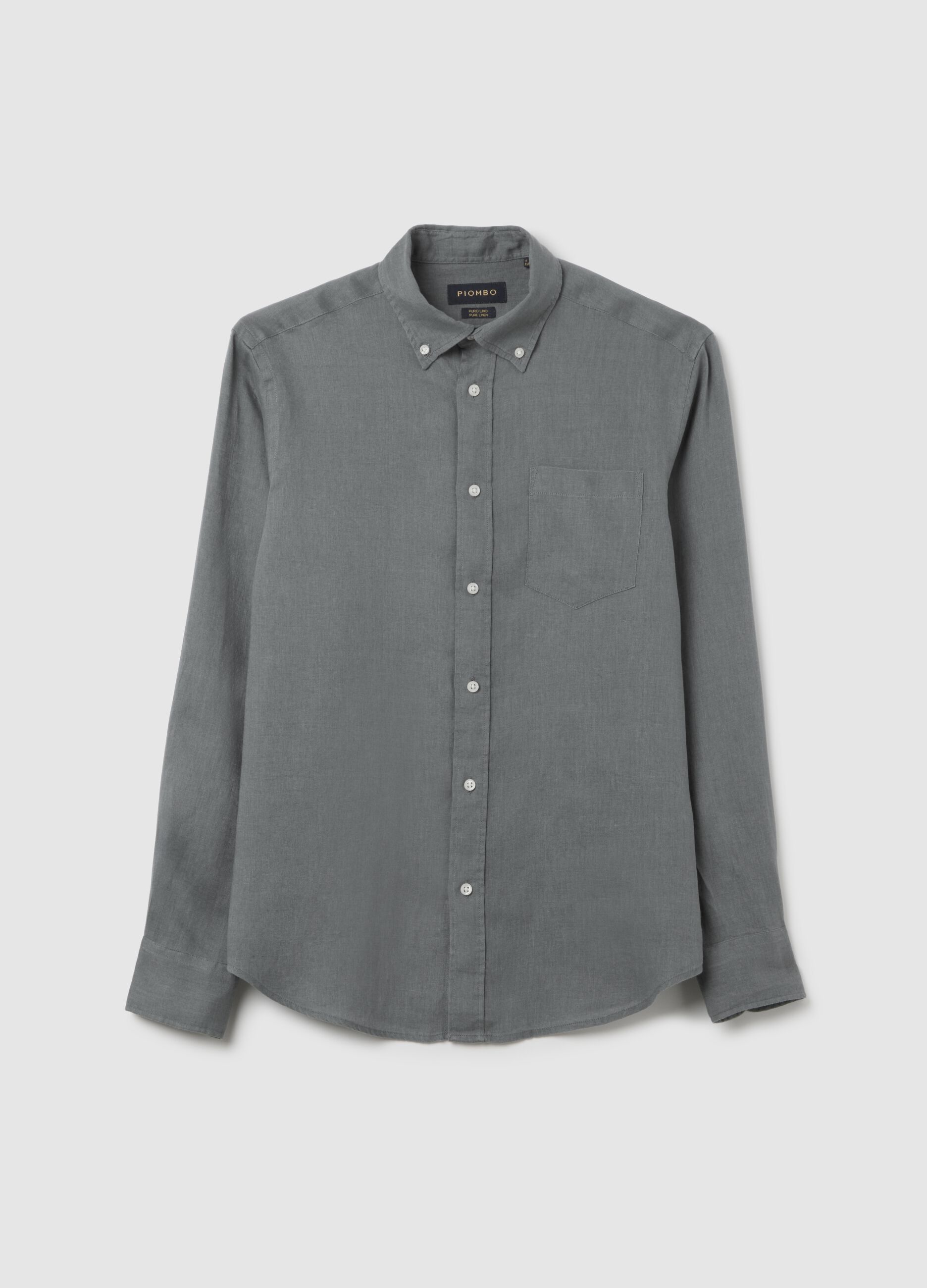 Camicia da uomo in puro lino grigio regular fit con colletto button down