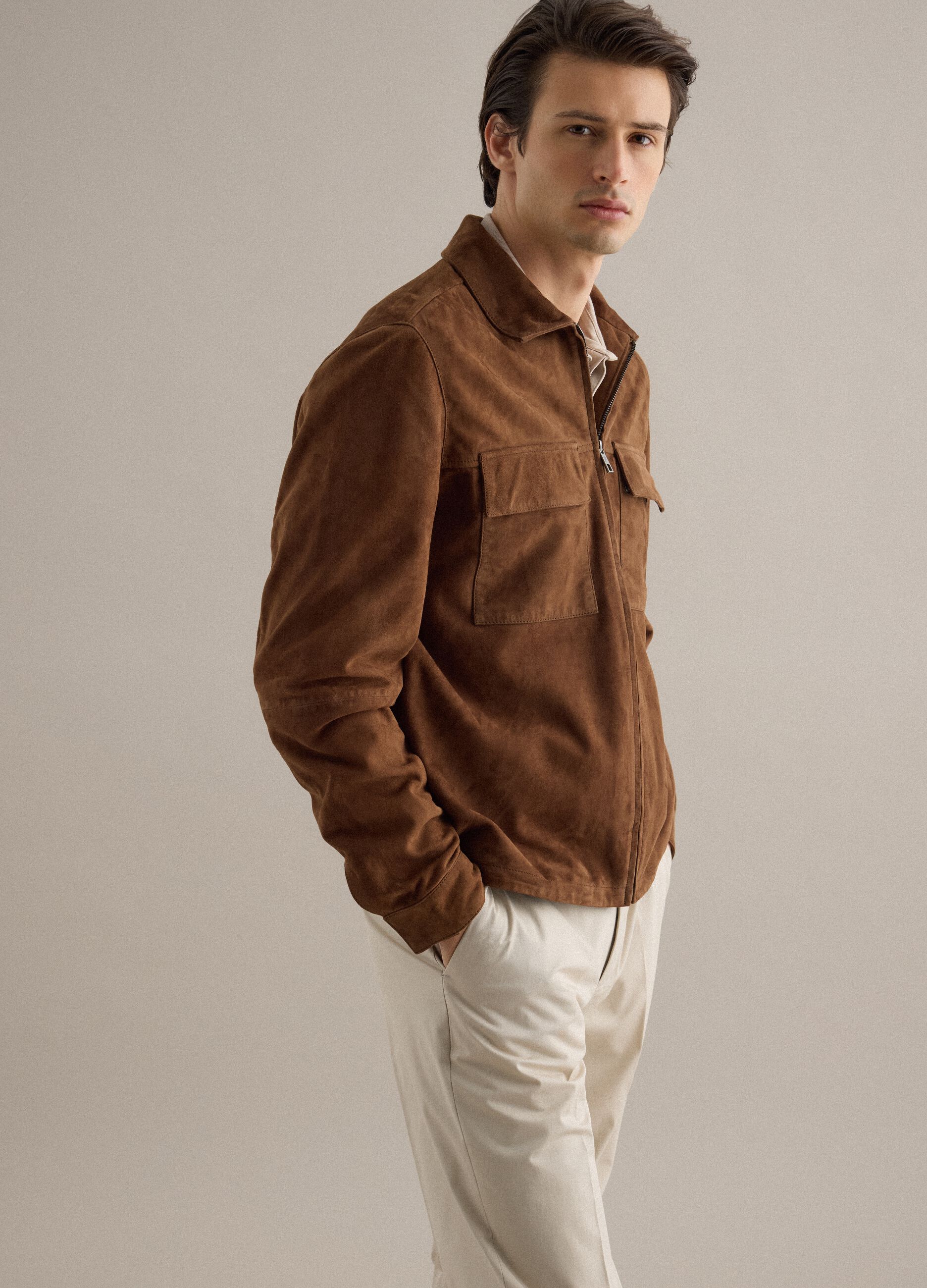 Light brown genuine leather jacket regular fit with full zip