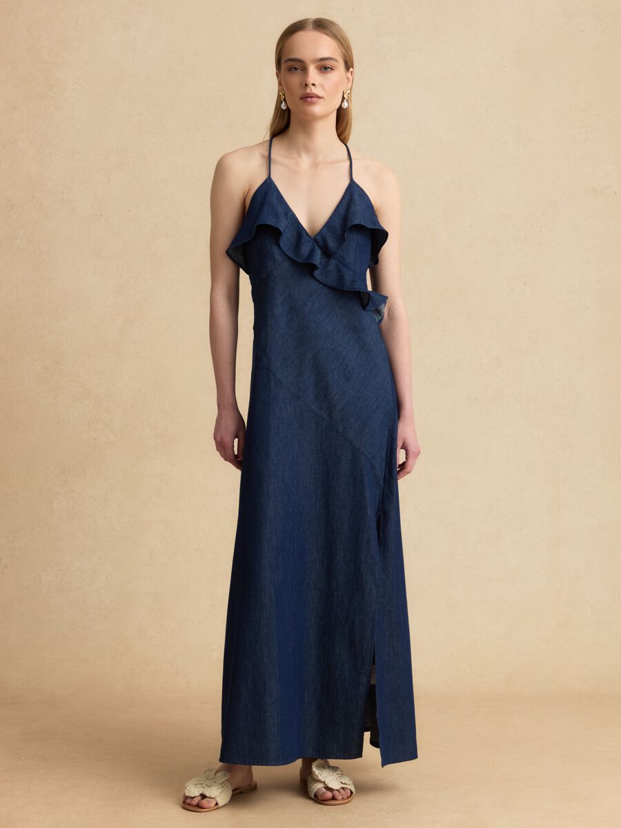 Long blue pure cotton dress with ruffles_0