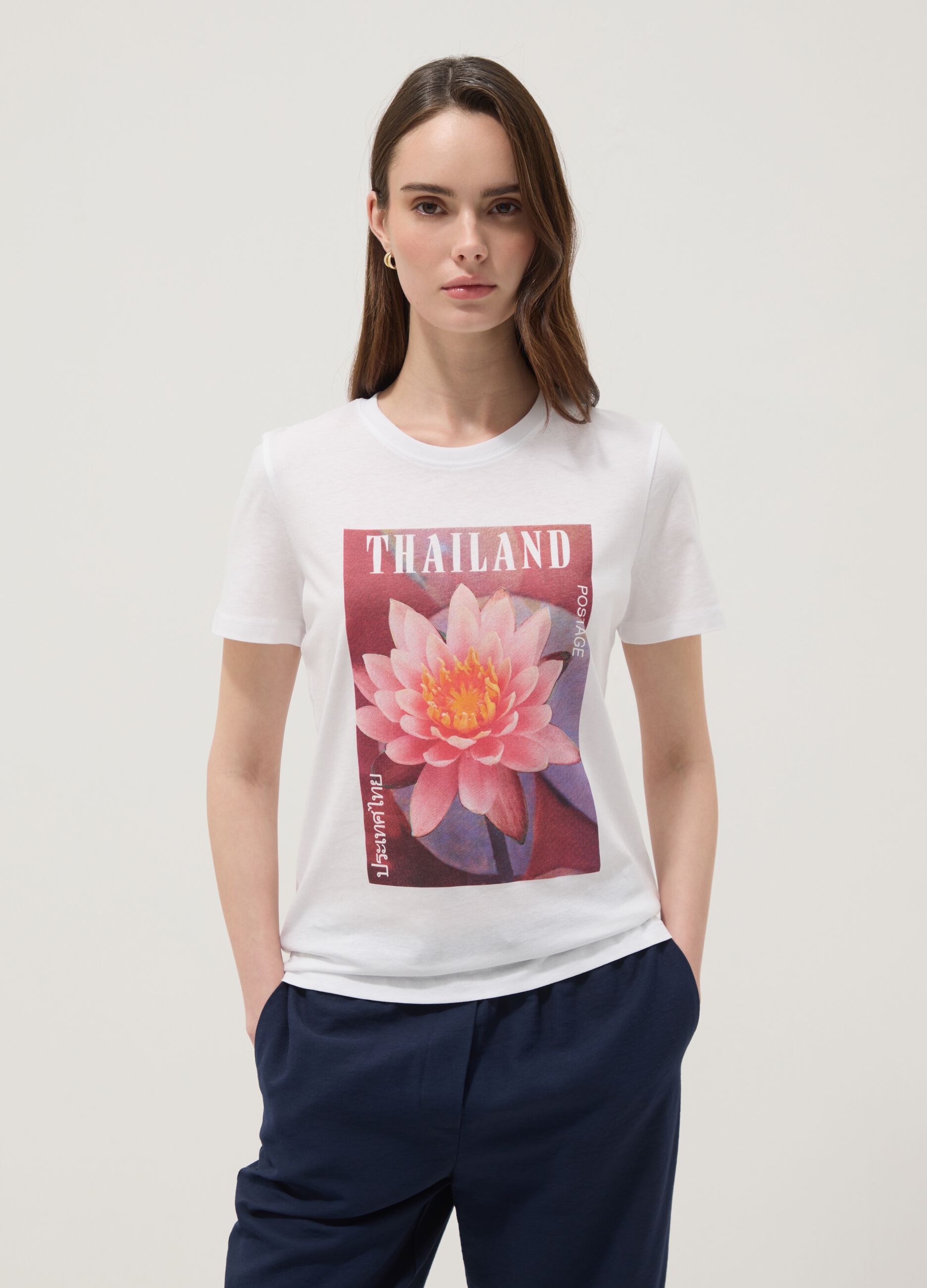 White pure cotton T-shirt with floral print