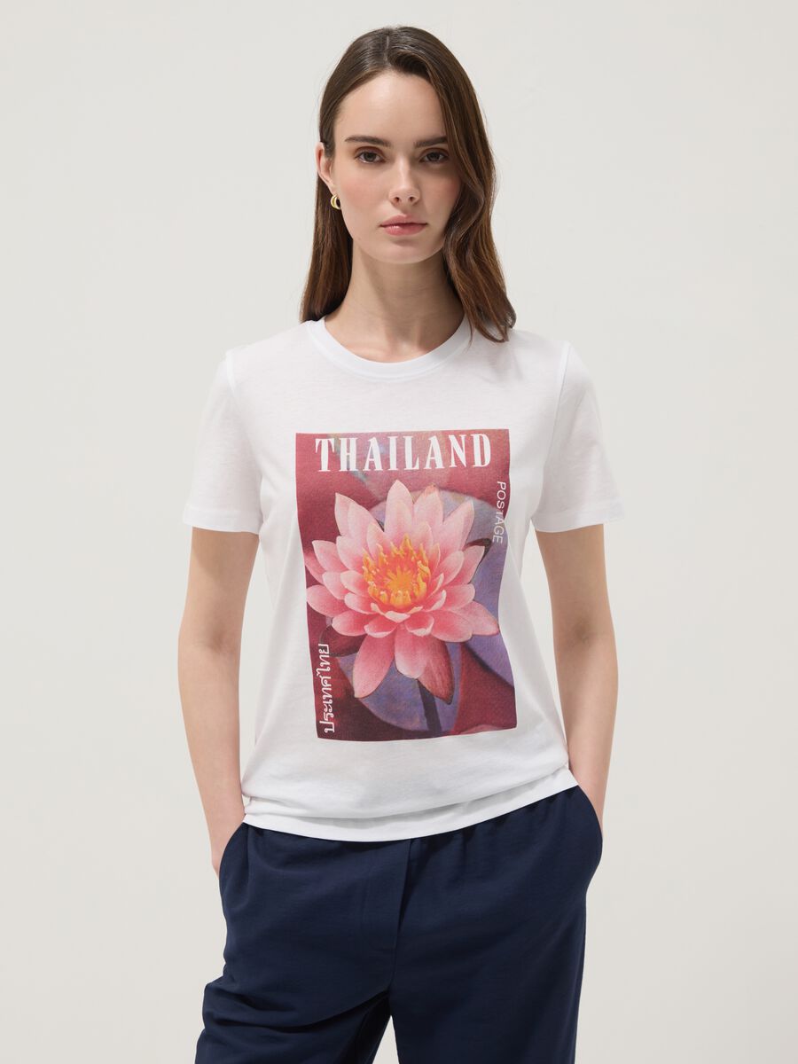T-shirt bianca in puro cotone con stampa floreale_0