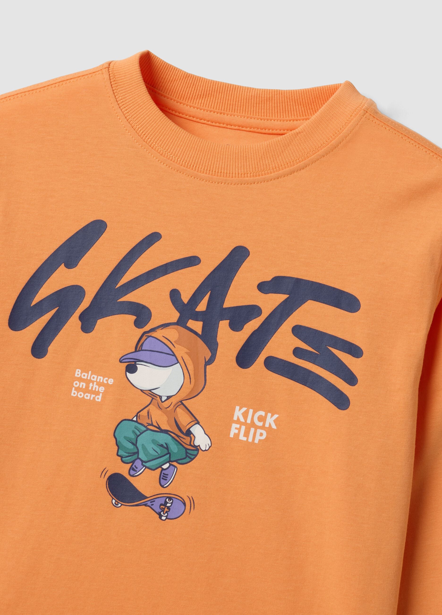 Orange oversized pure cotton skate-print T-shirt for boys