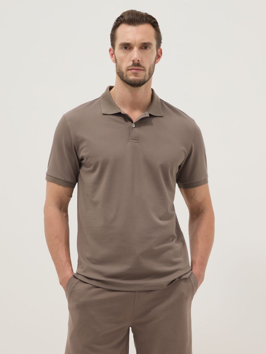 Brown stretch cotton blend polo shirt regular fit_1