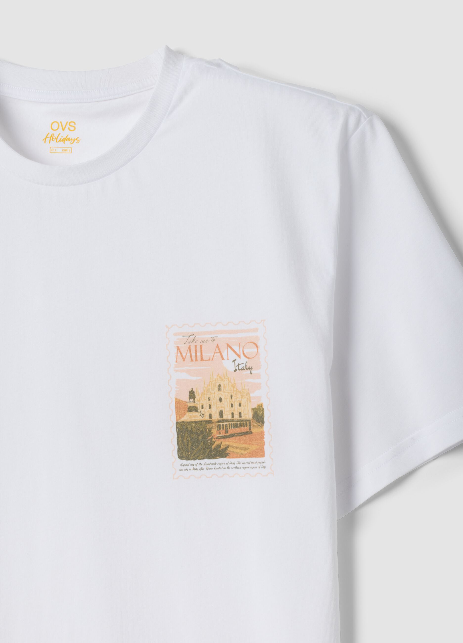White pure cotton T-shirt with graphic print, regular fit