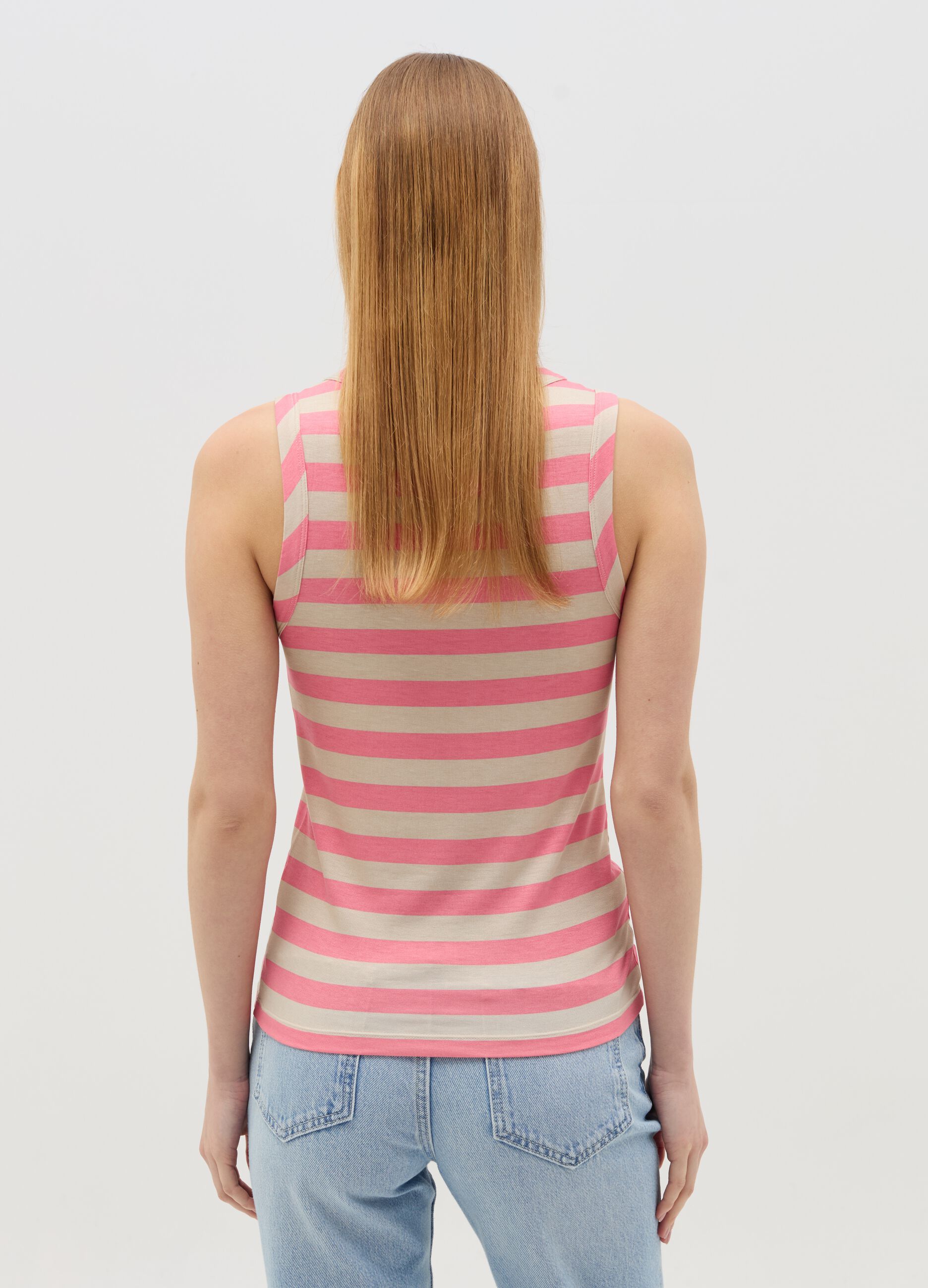 Pink and beige striped tank top in stretch viscose