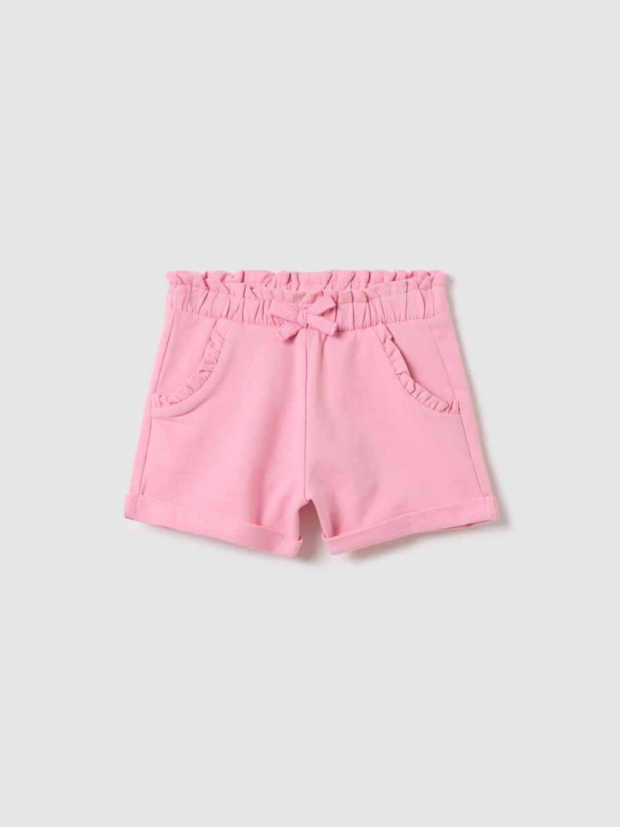 Pink French terry shorts with bow and frills_0