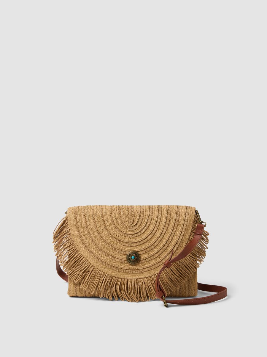 Beige crossbody bag in paper-blend fabric with fringe_0
