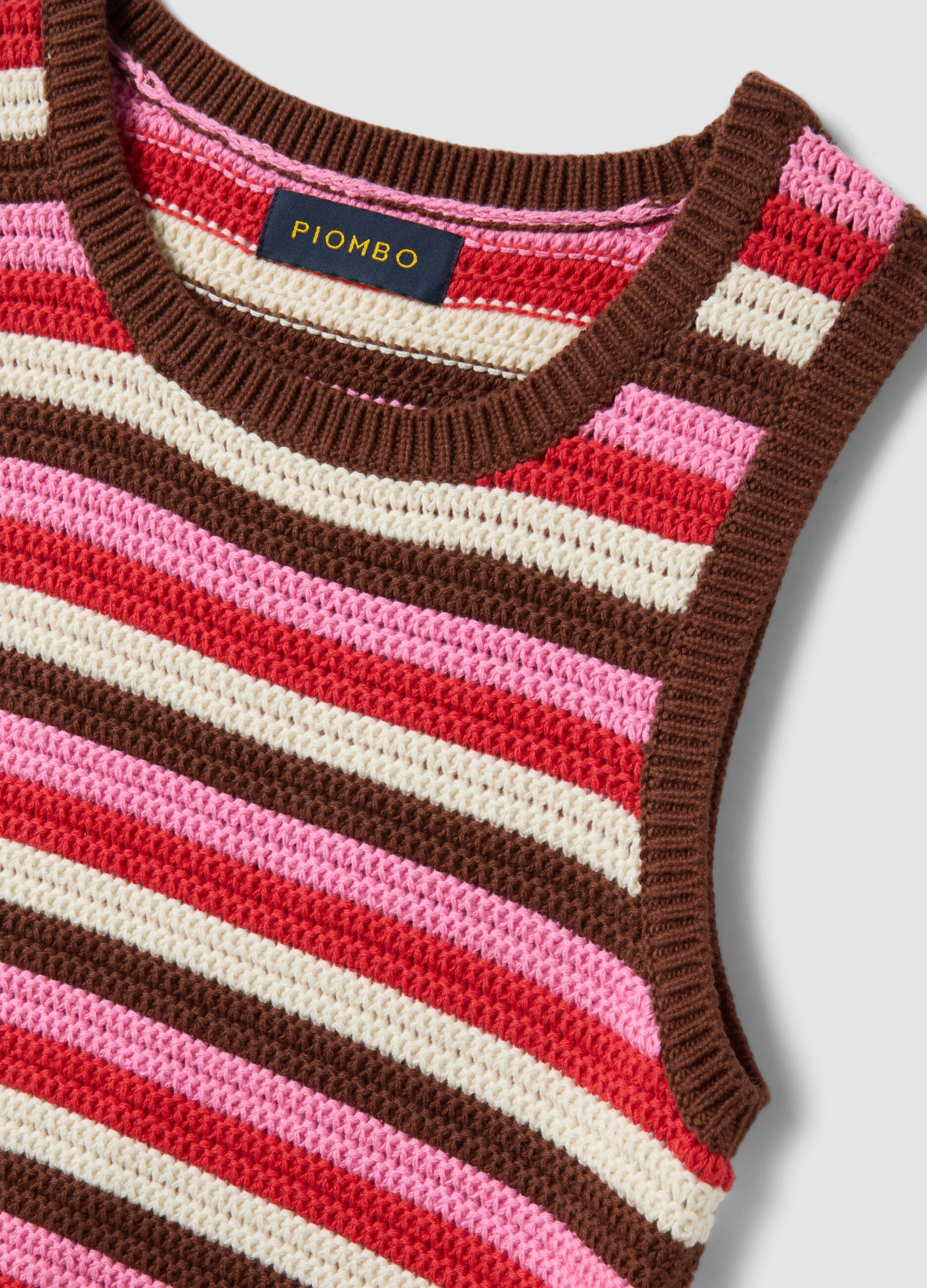 Fitted pure cotton knitted gilet with multicolour stripes