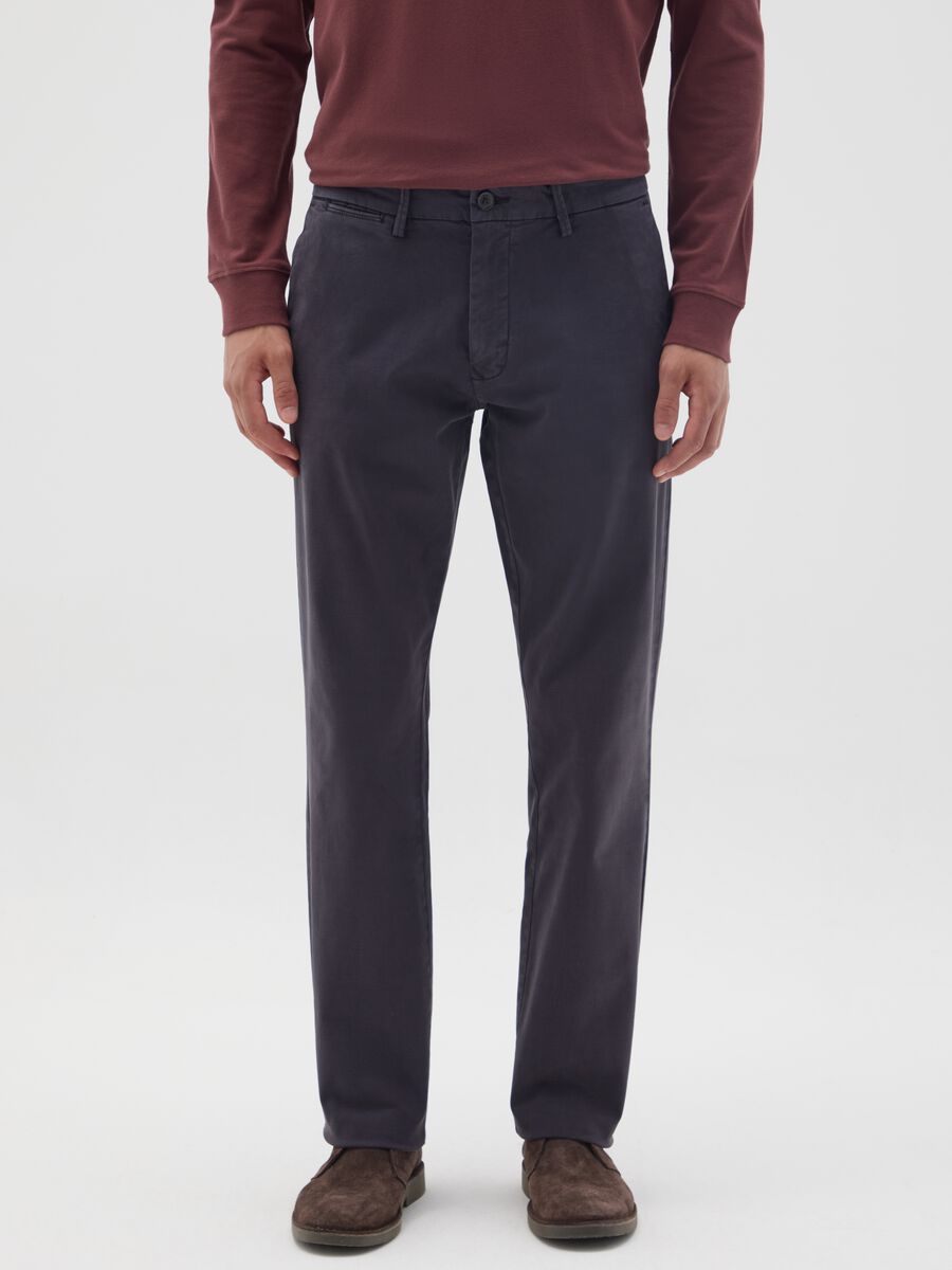 Blue Stretch Cotton Regular Fit Trousers_1