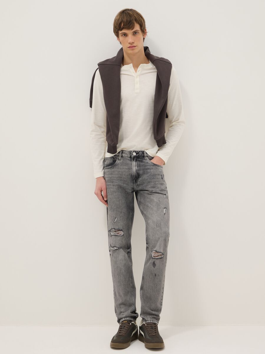 Grey Slim Fit Distressed Pure Cotton Jeans_0