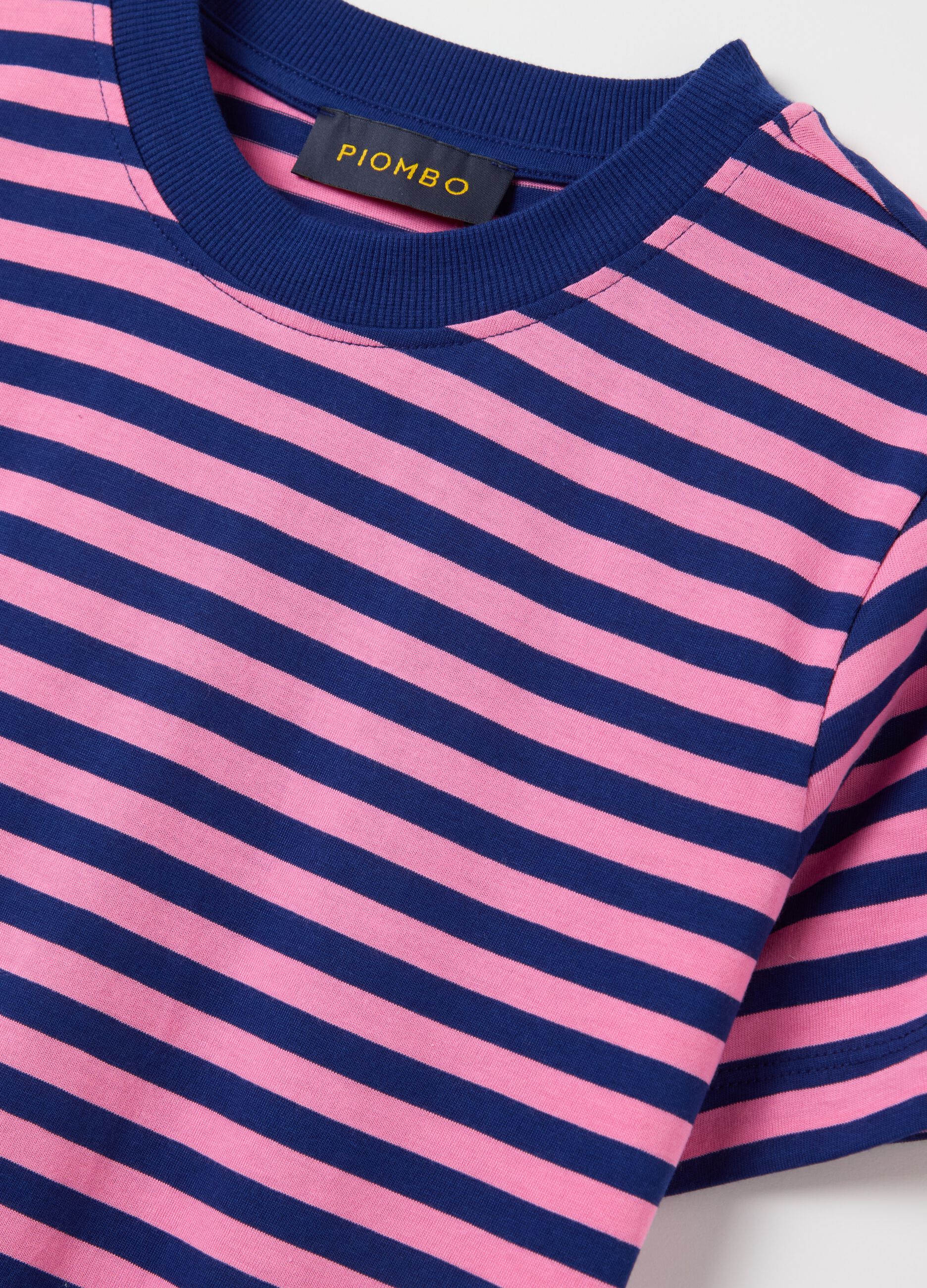 Pink and blue striped T-shirt with short sleeves