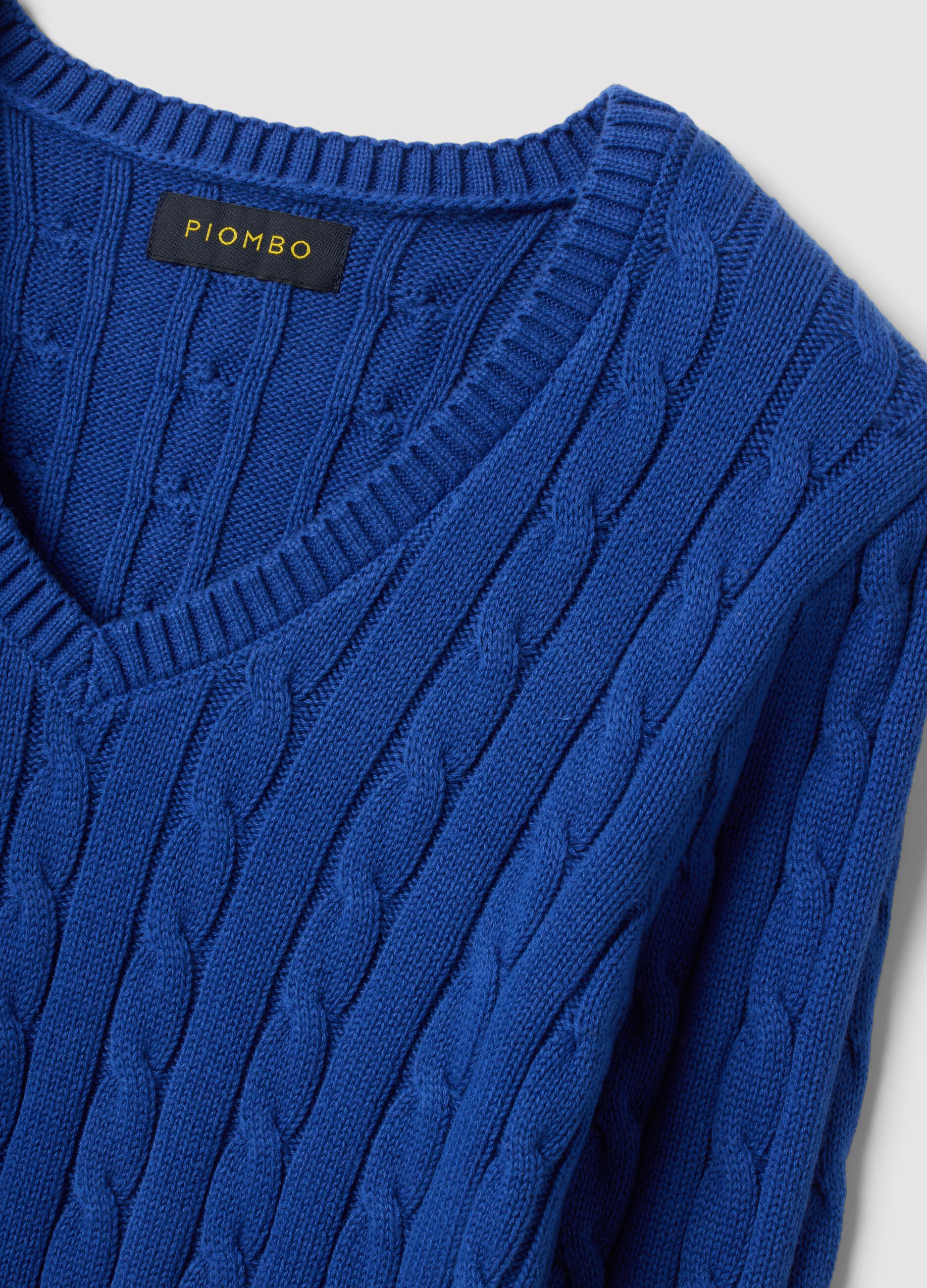 Blue pure cotton cable-knit jumper with deep V-neck