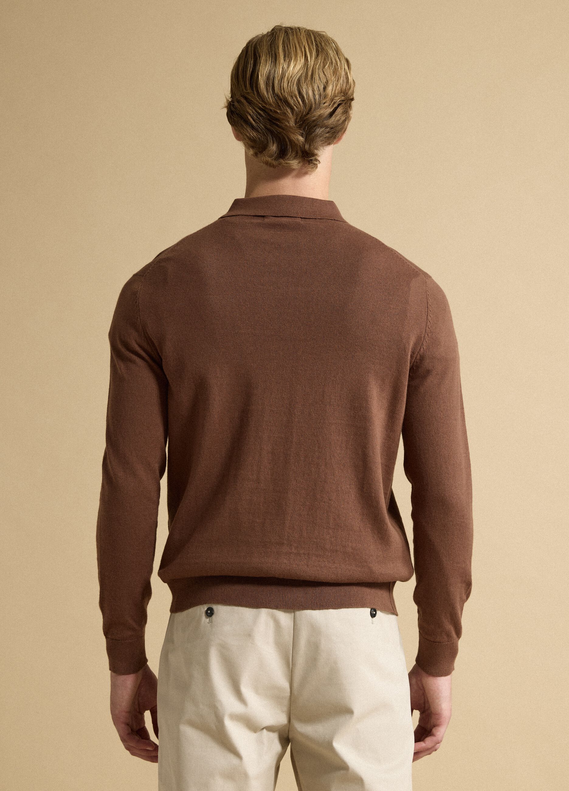 Brown long-sleeve regular-fit cotton and cashmere-blend polo shirt