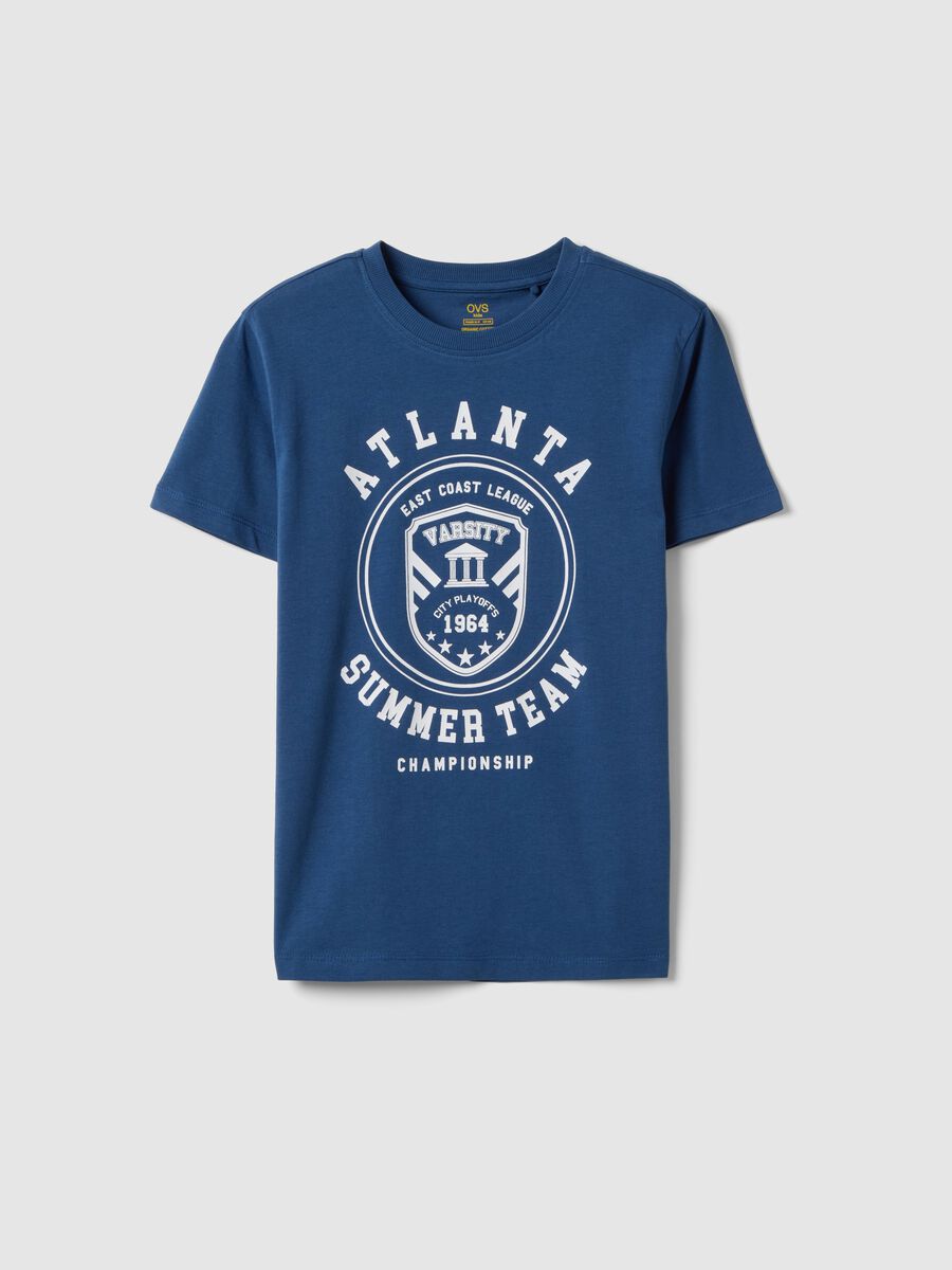 T-shirt in puro cotone blu da ragazzo regular fit con stampa_0