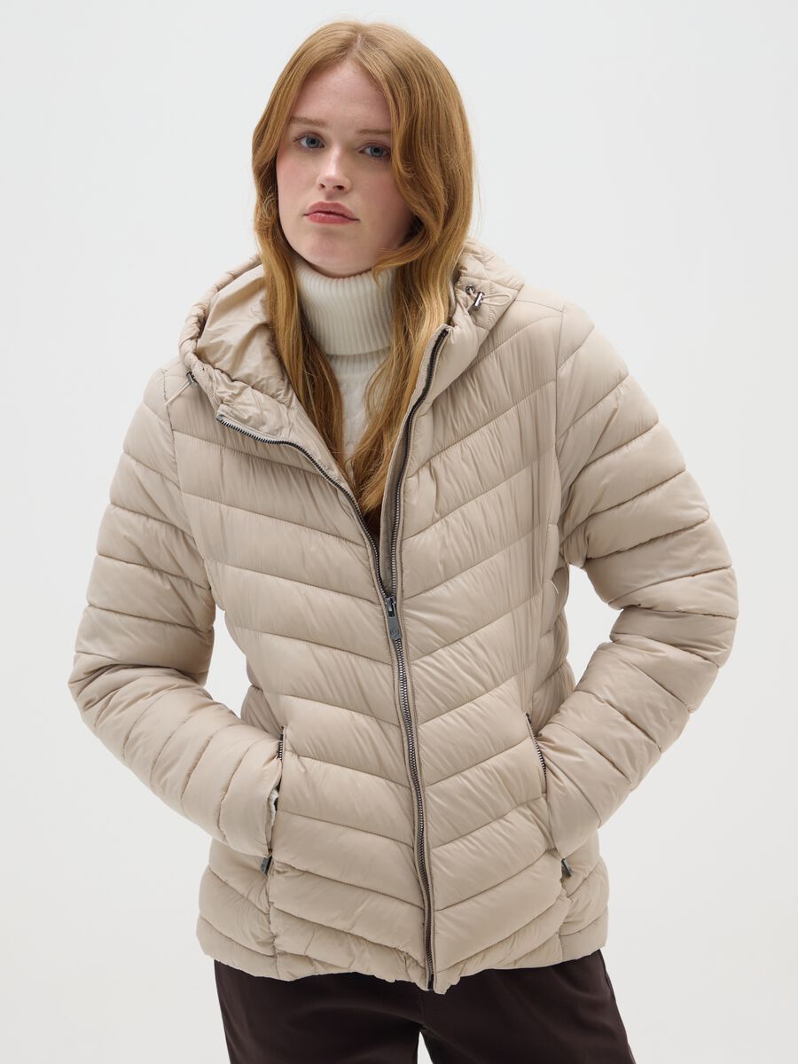 Regular fit padded beige jacket with hood_0