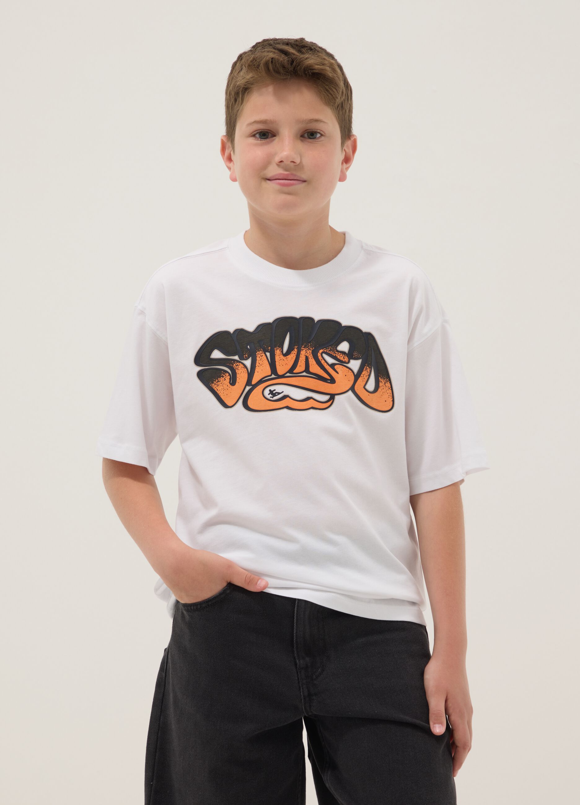 White pure cotton T-shirt with front print