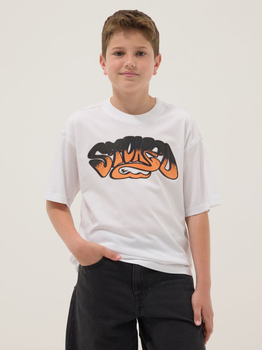 T-shirt bianca in puro cotone con stampa frontale_0