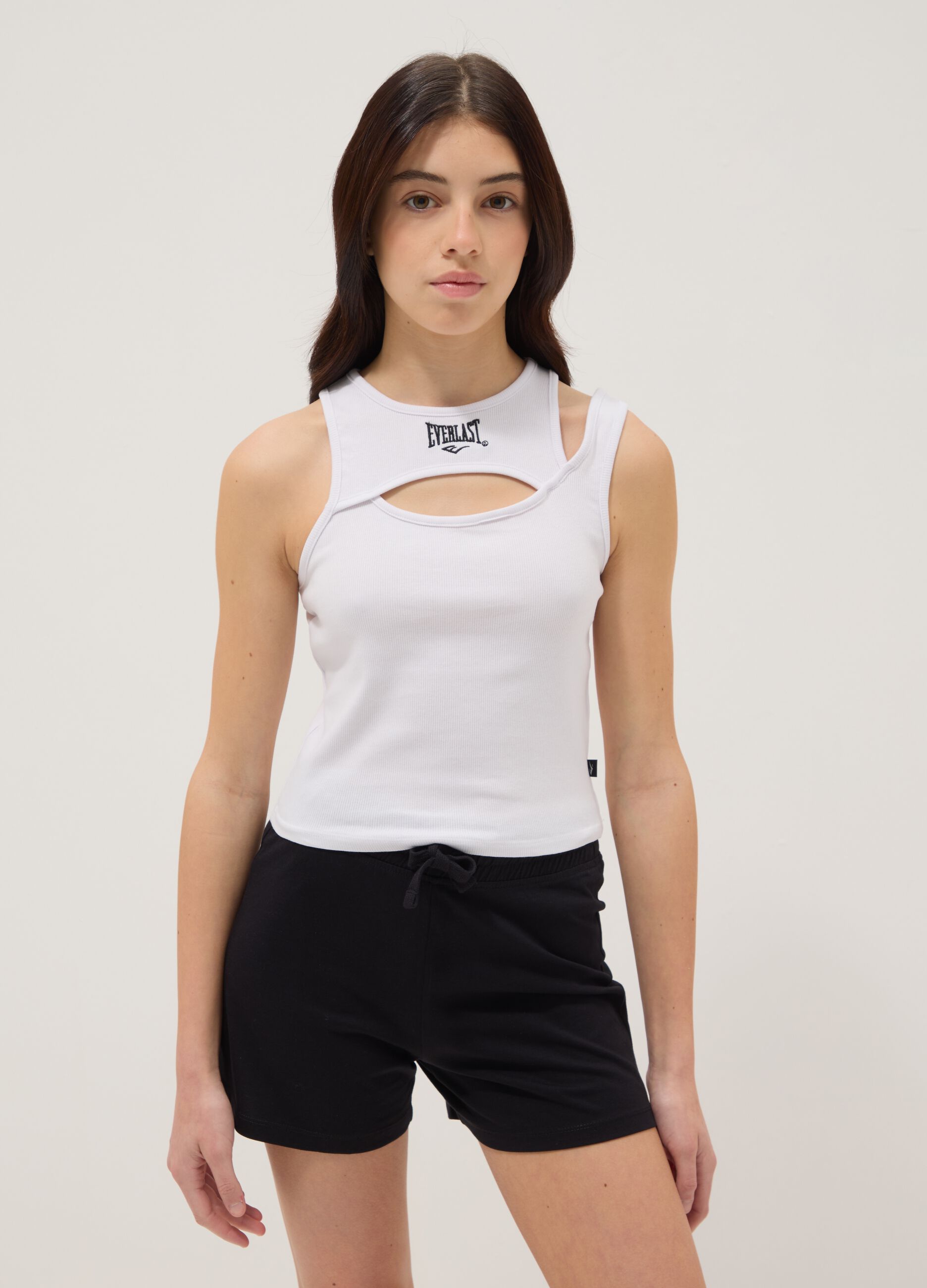 White stretch cotton tank top with asymmetric straps