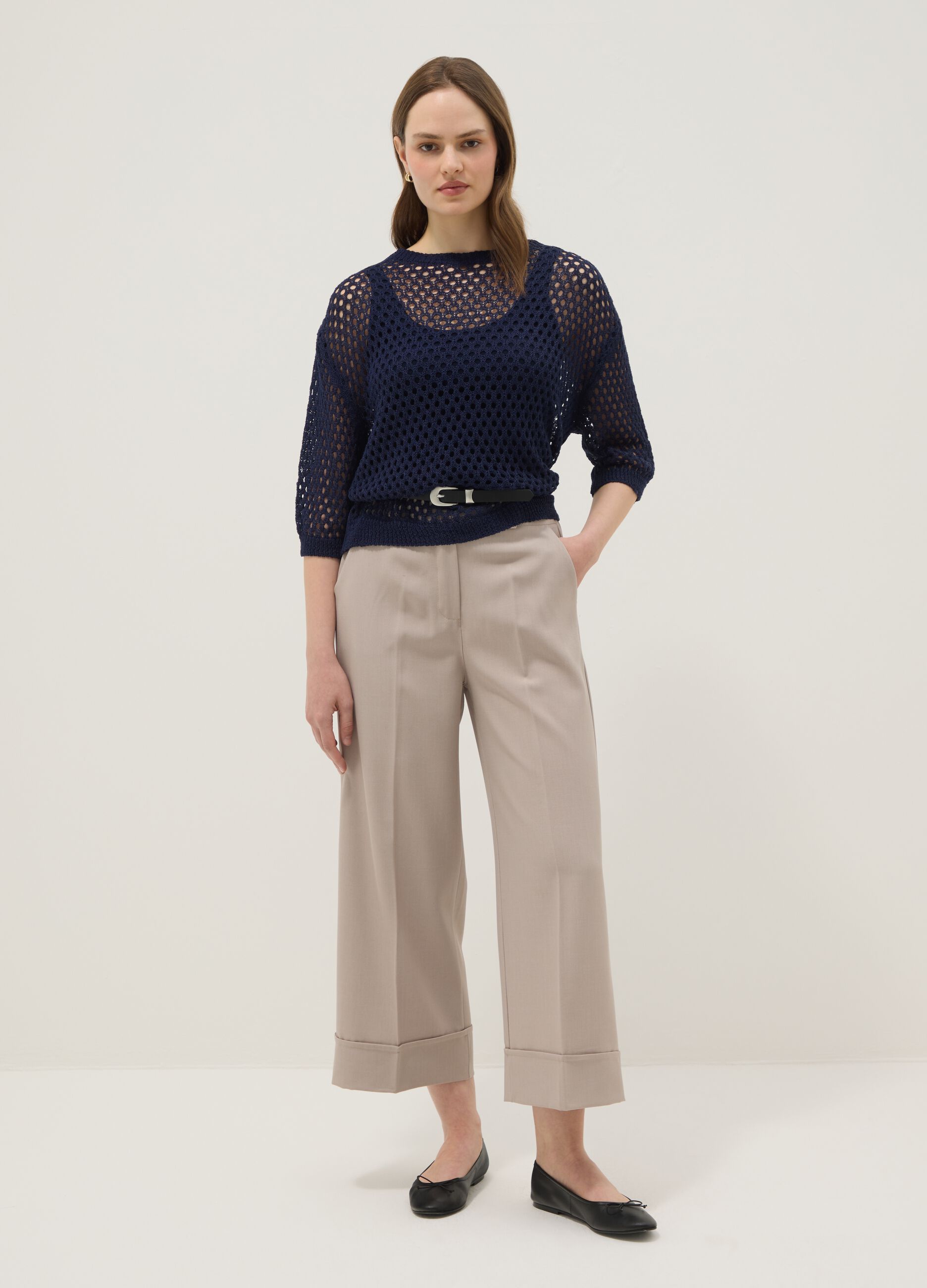 Blue open-knit three-quarter sleeve top