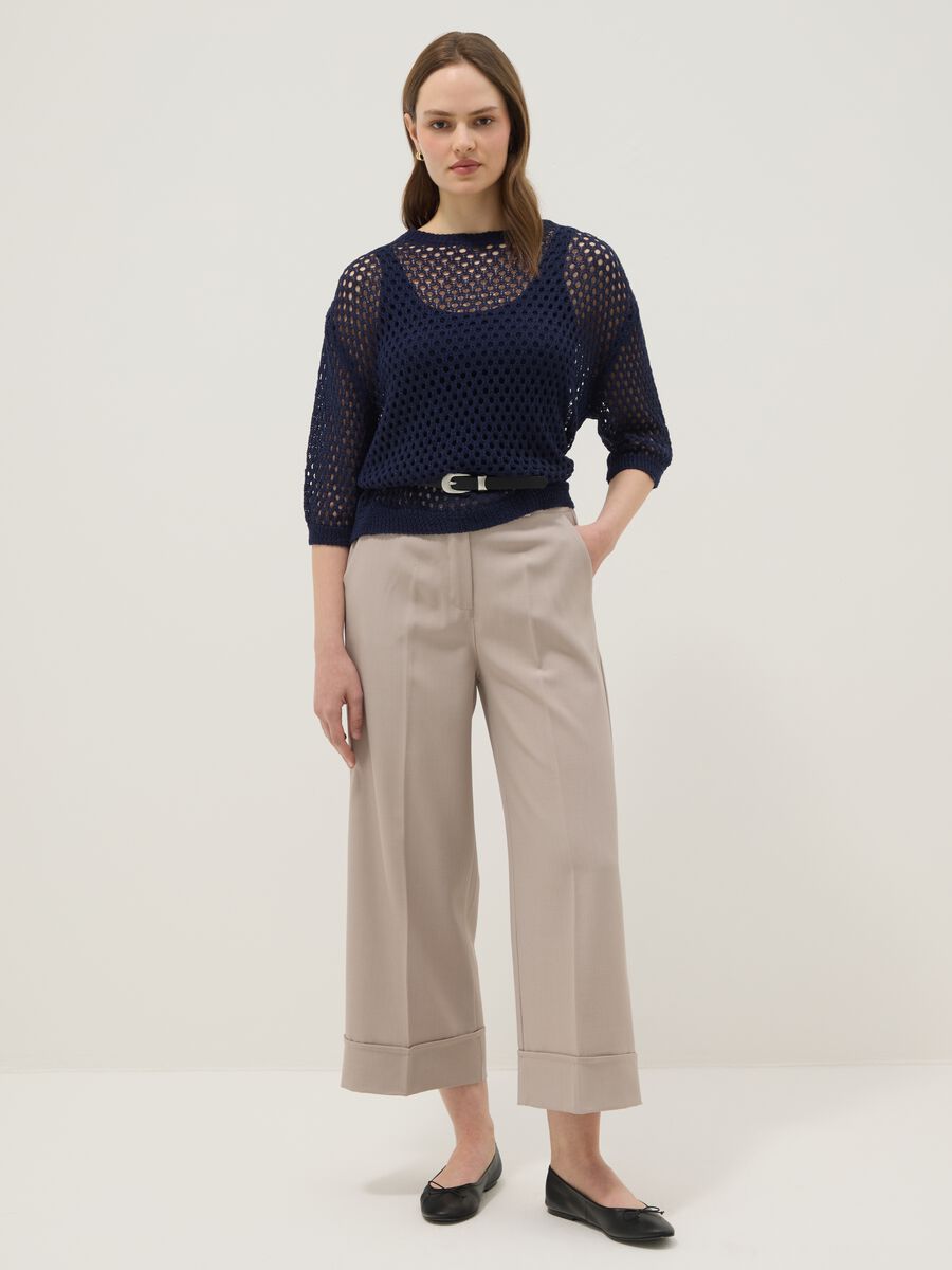 Blue open-knit three-quarter sleeve top_2