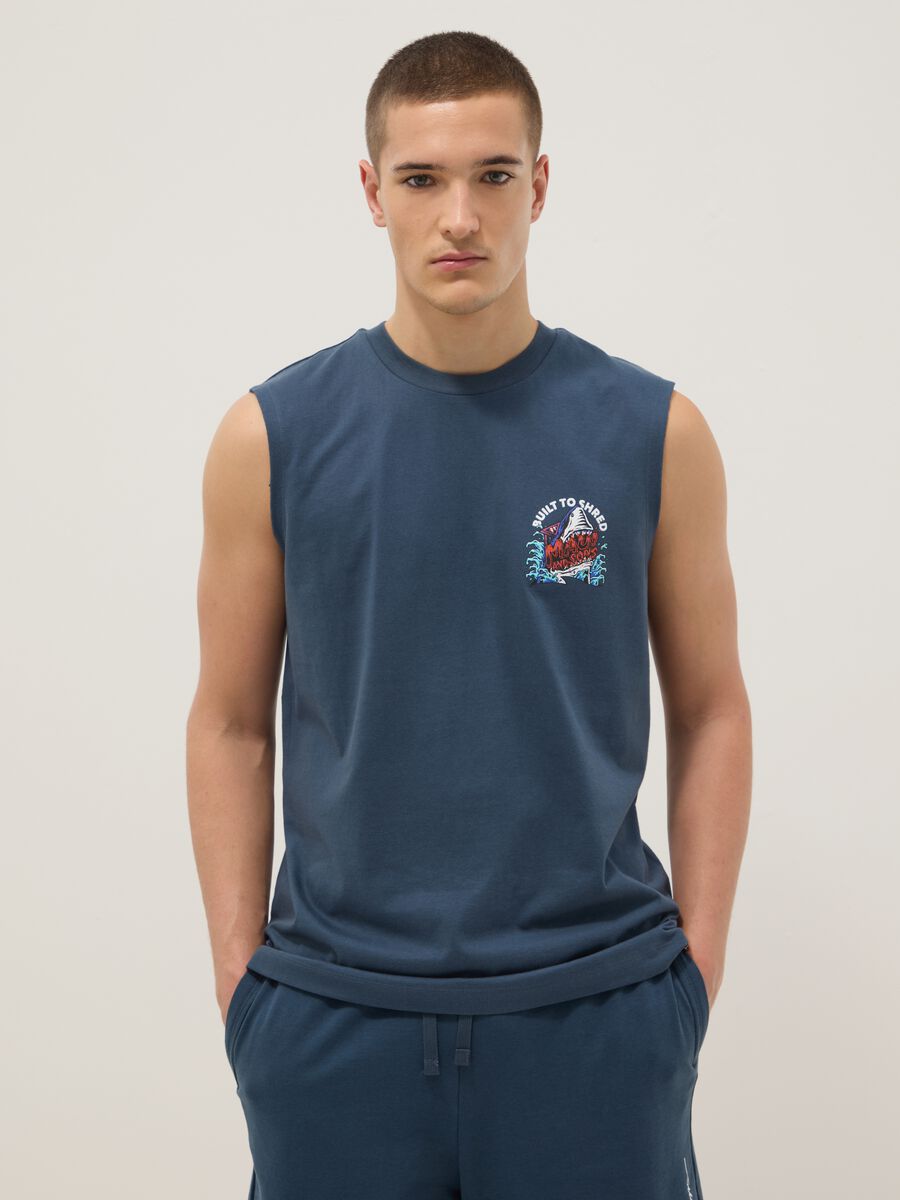 Canotta in puro cotone blu regular fit con stampa_0