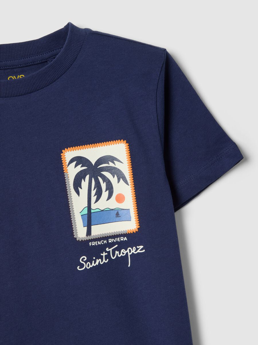 T-shirt in puro cotone blu da bambino regular fit con stampa palma_2