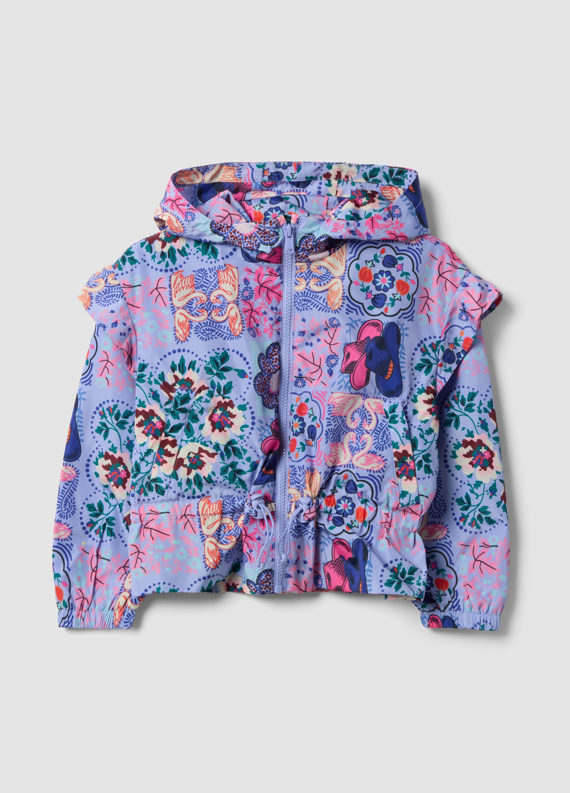 Giacca antipioggia multicolor con cappuccio e fantasia per bambina