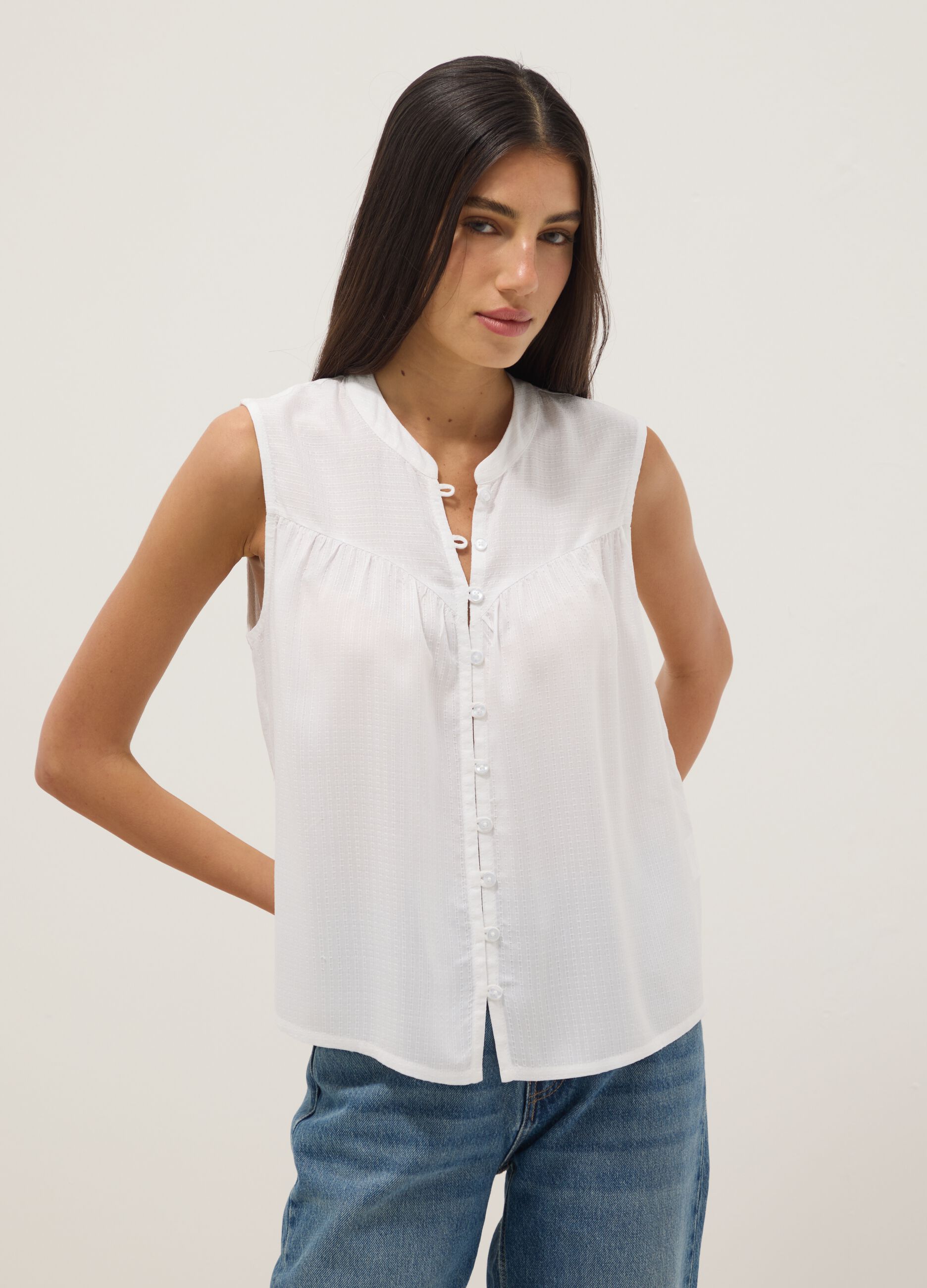 White pure viscose regular-fit shirt with embroidered texture