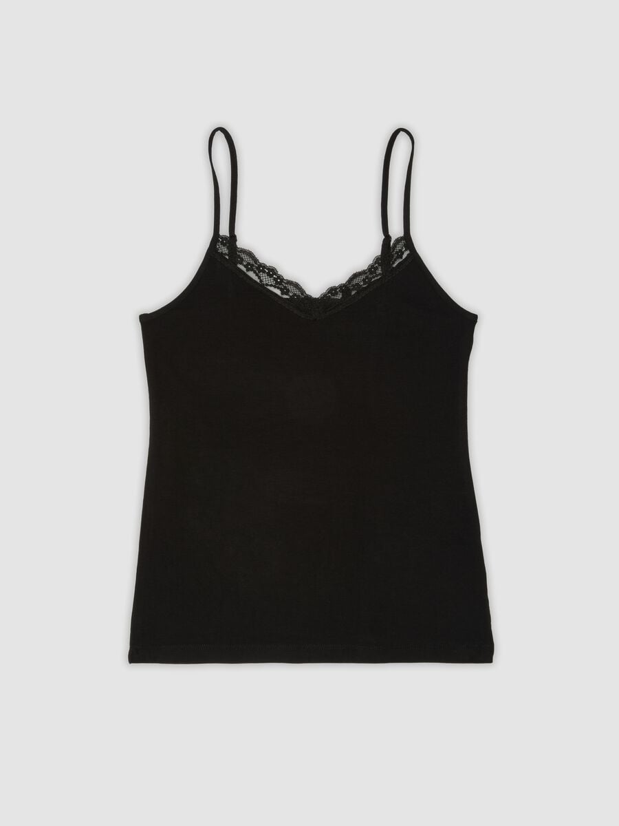 Black stretch viscose vest top with deep V-neck lace trim_0