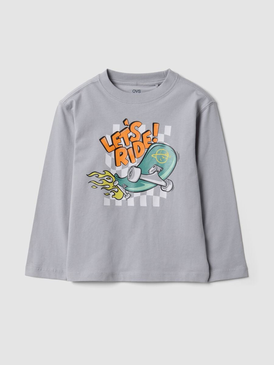 T-shirt grigia in puro cotone a girocollo con stampa skater per bambino_0