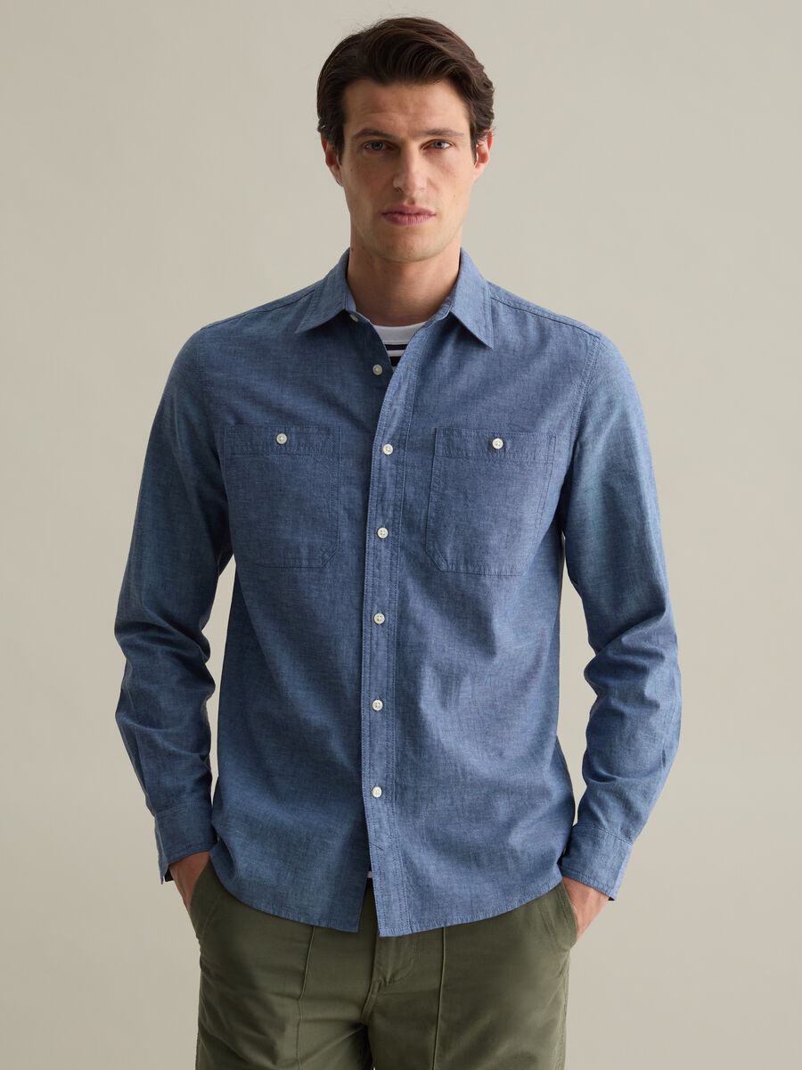 Regular-fit shirt in chambray cotton and linen_0