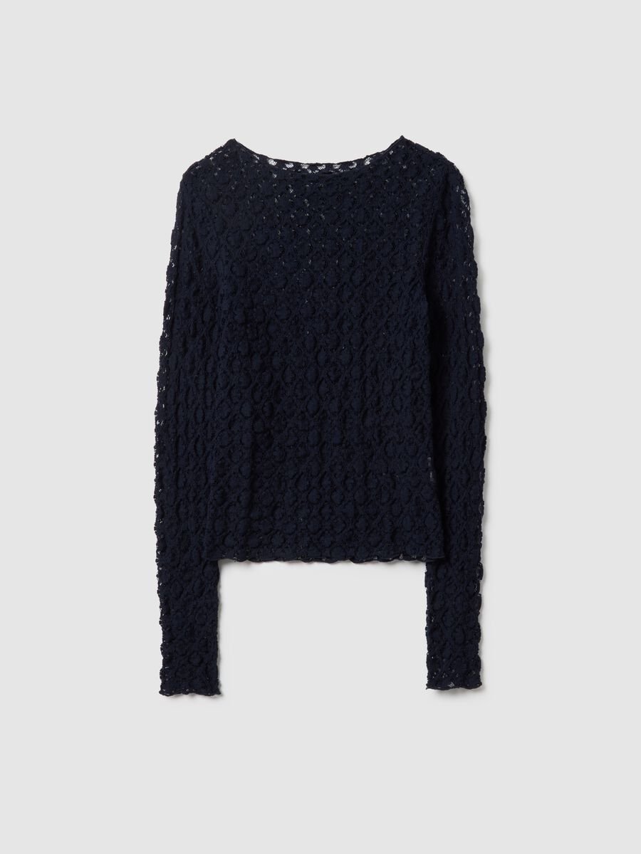 Blue stretch cotton blend regular fit top with lace_0