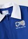 Blue kids&rsquo; school smock with gaming print and white collar_2