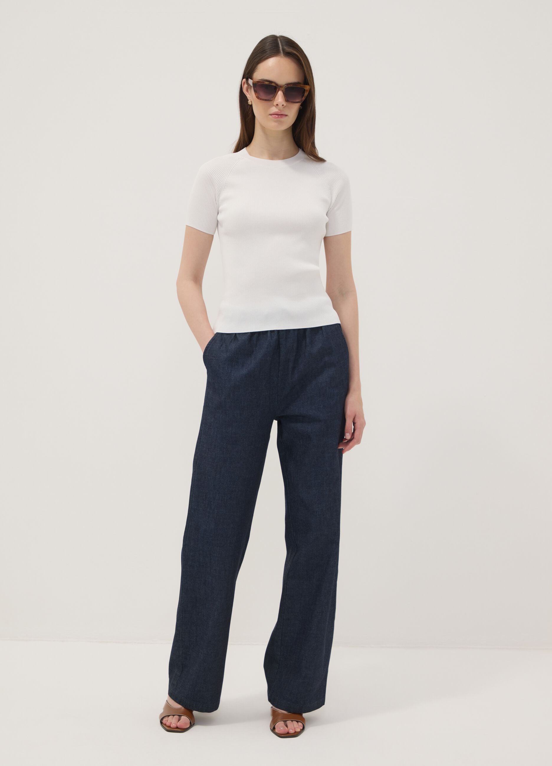 White ribbed fitted viscose-blend knit top