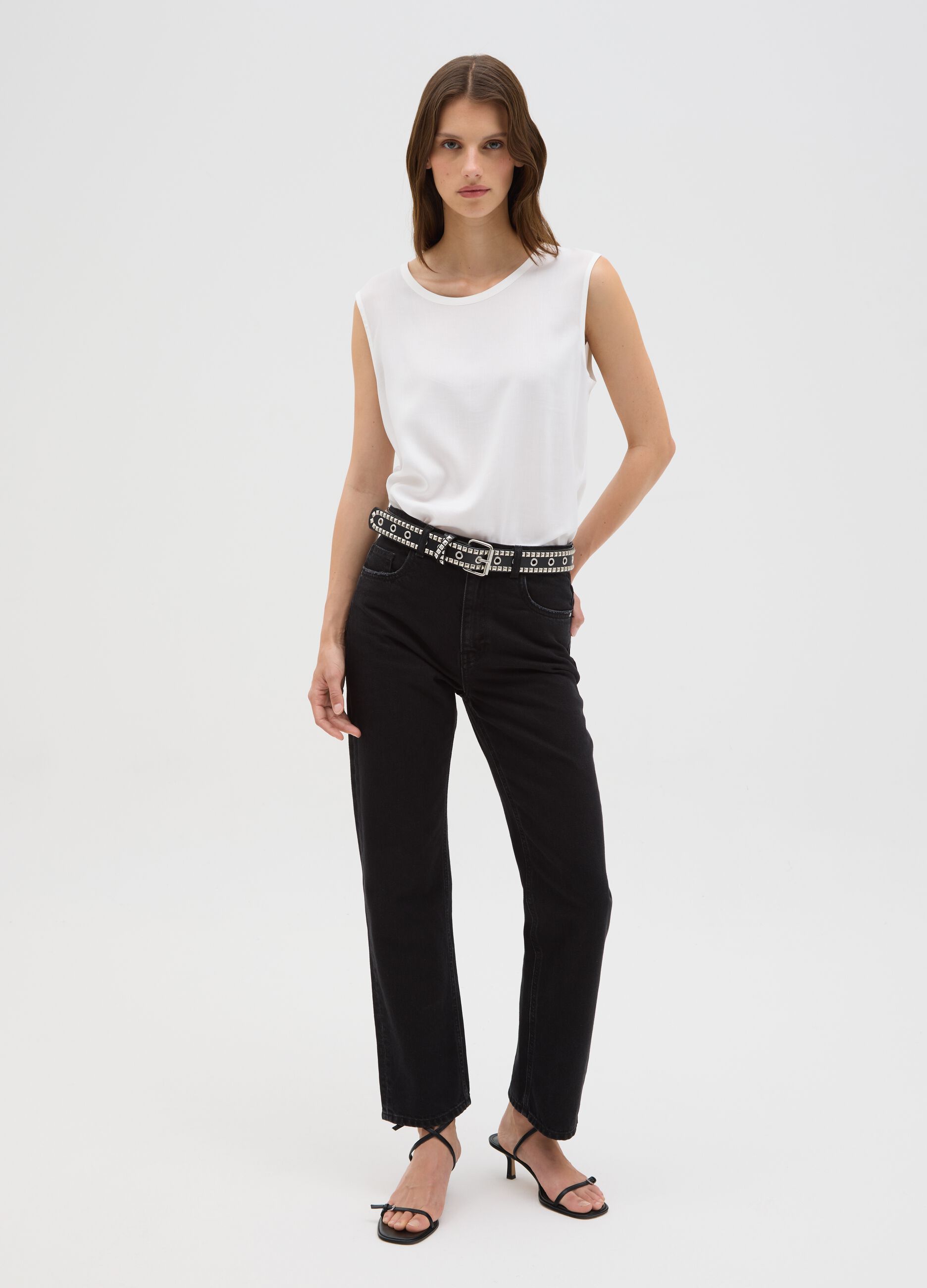 Women's Sleeveless White Viscose T-Shirt, Regular Fit