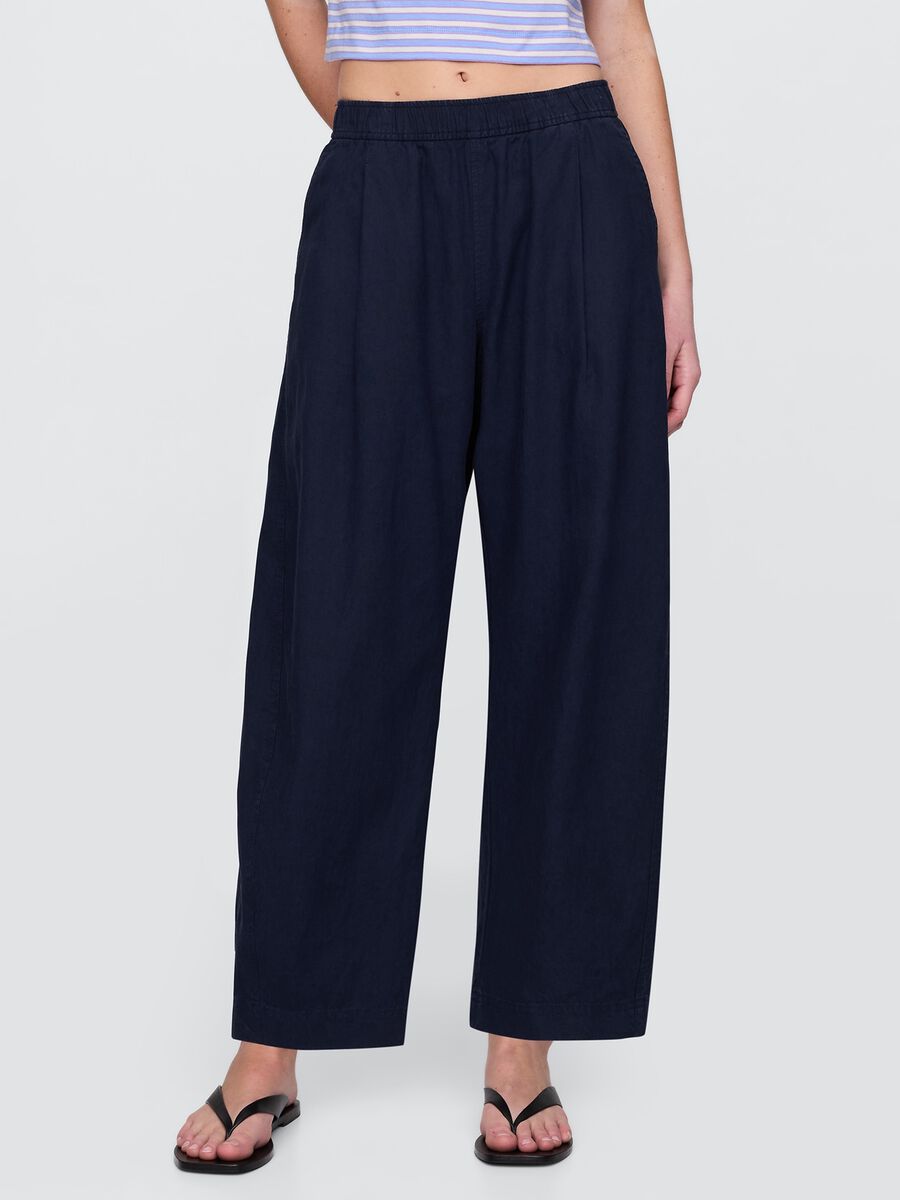 Pantaloni ampi blu in lino e viscosa_1