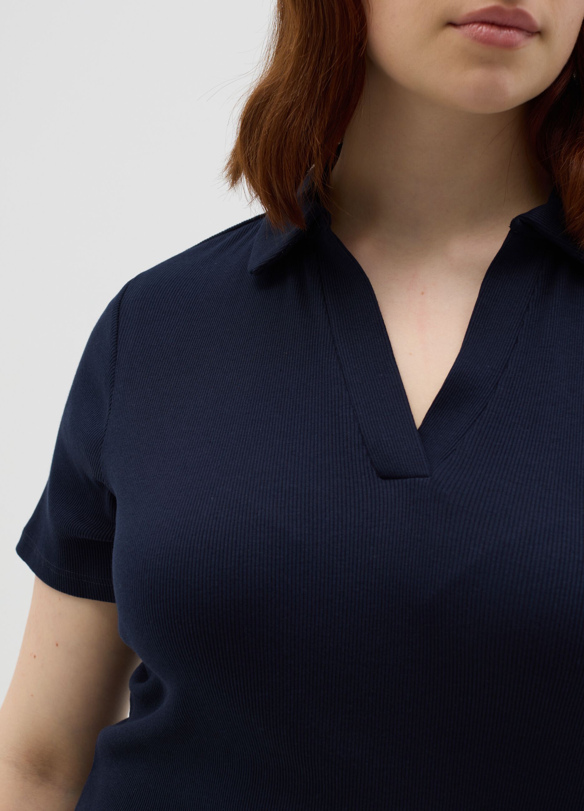 Curvy ribbed top with polo neckline