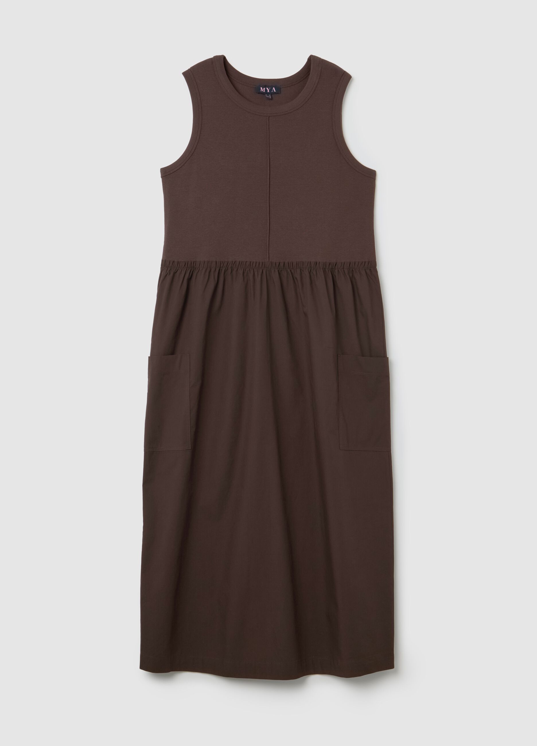 Long sleeveless brown dress in stretchy cotton