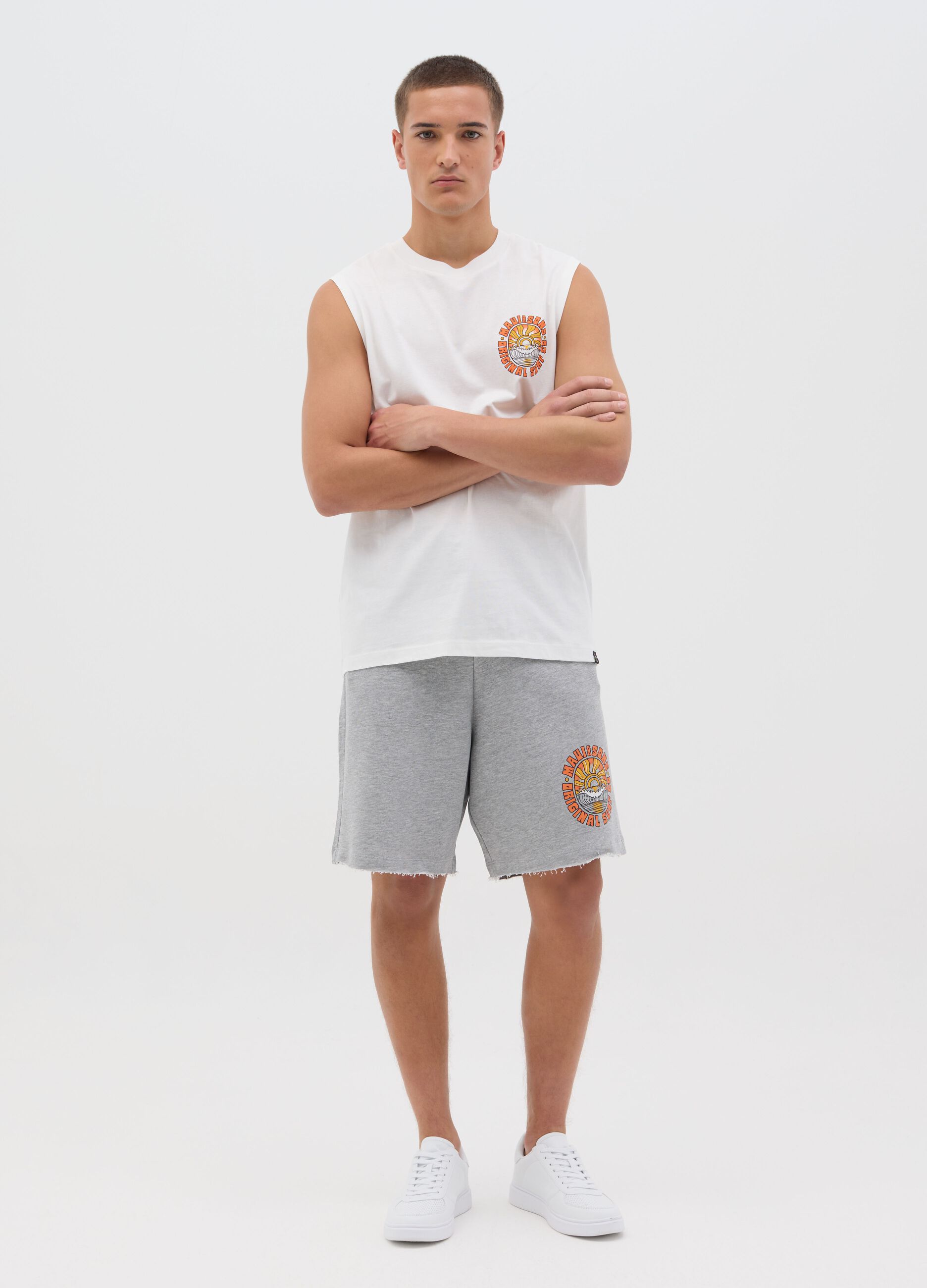White Pure Cotton Vest with Ovs Print
