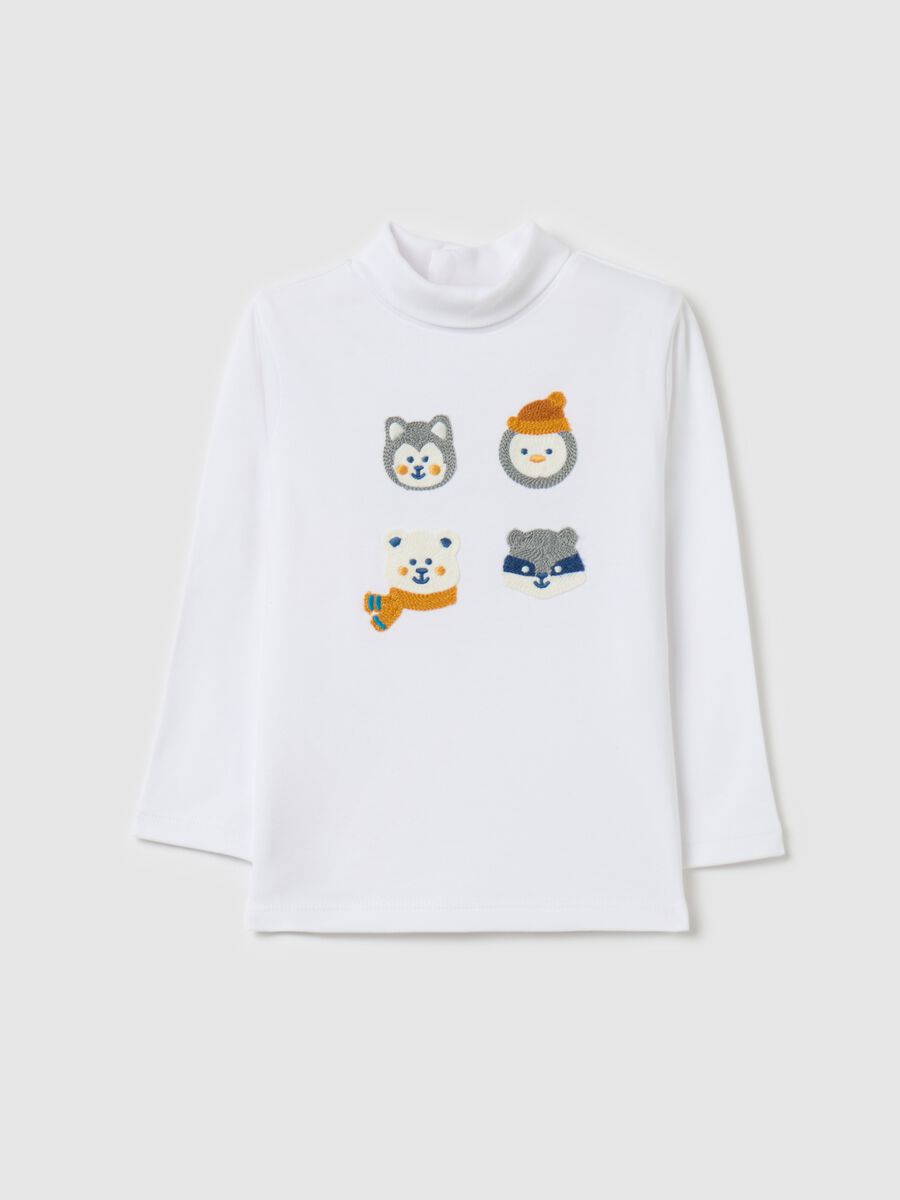 Cotton T-shirt with high neck and embroidery_0