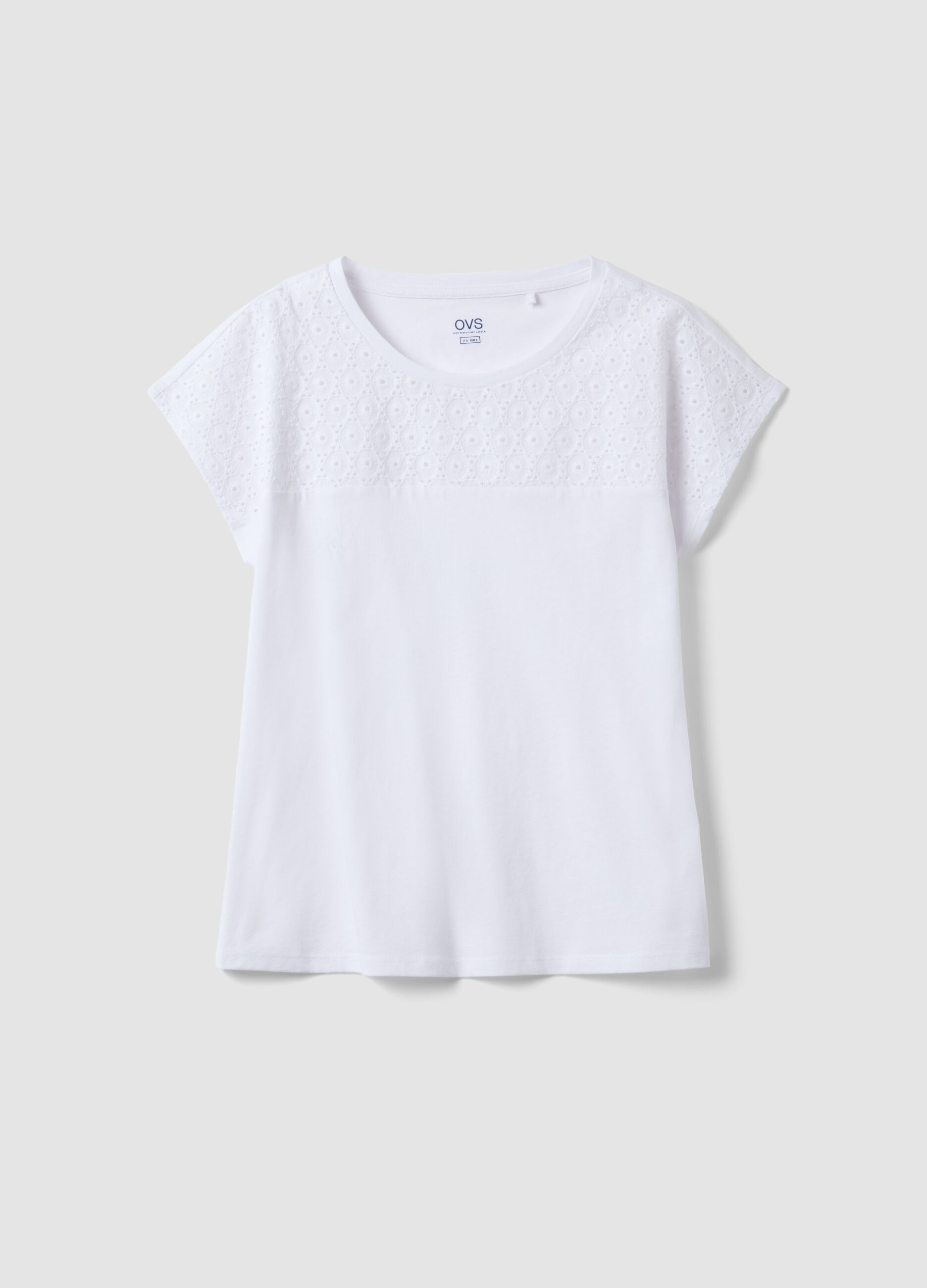 White pure cotton T-shirt with broderie anglaise detail, regular fit