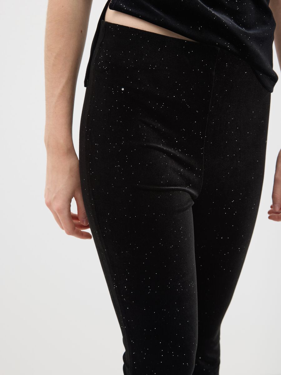 Black stretch fabric flare trousers with glitter_3