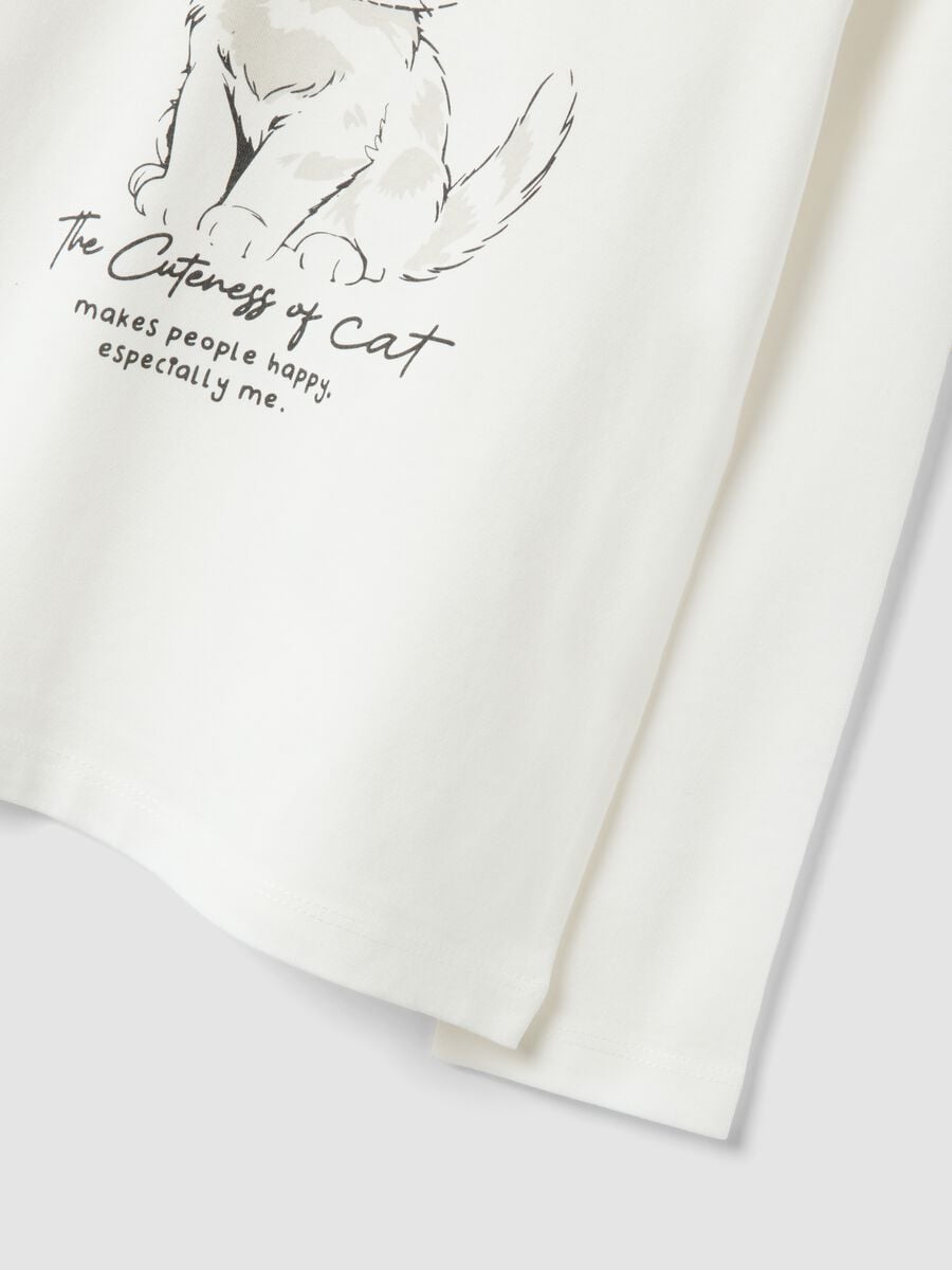 T-shirt bianca in puro cotone organico regular fit con stampa gattino_2