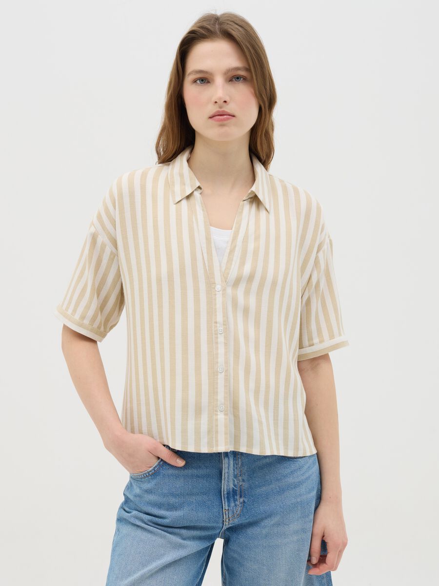 Beige and white striped linen and viscose shirt_0