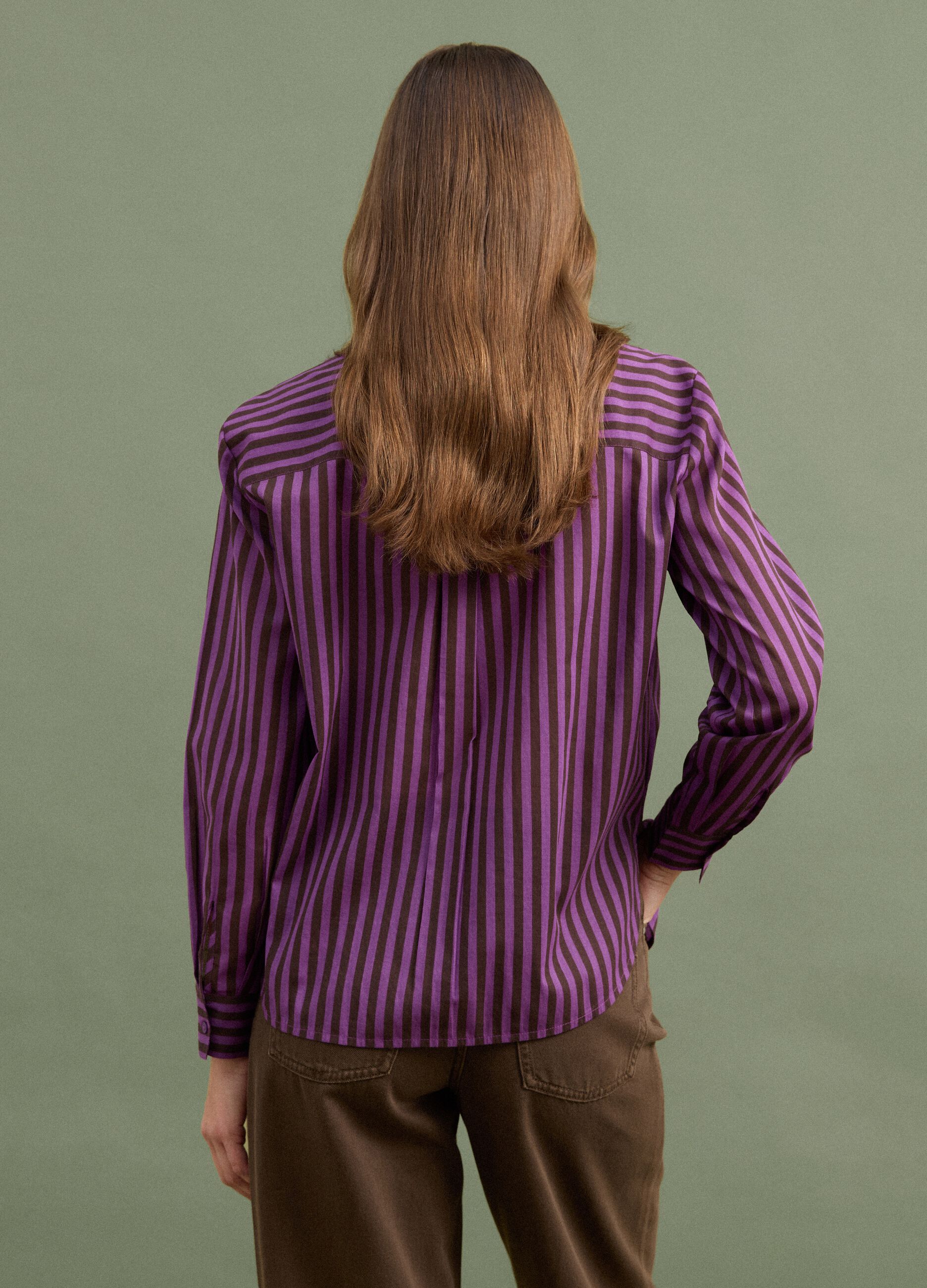 Purple pure cotton striped shirt with grandad collar, regular fit