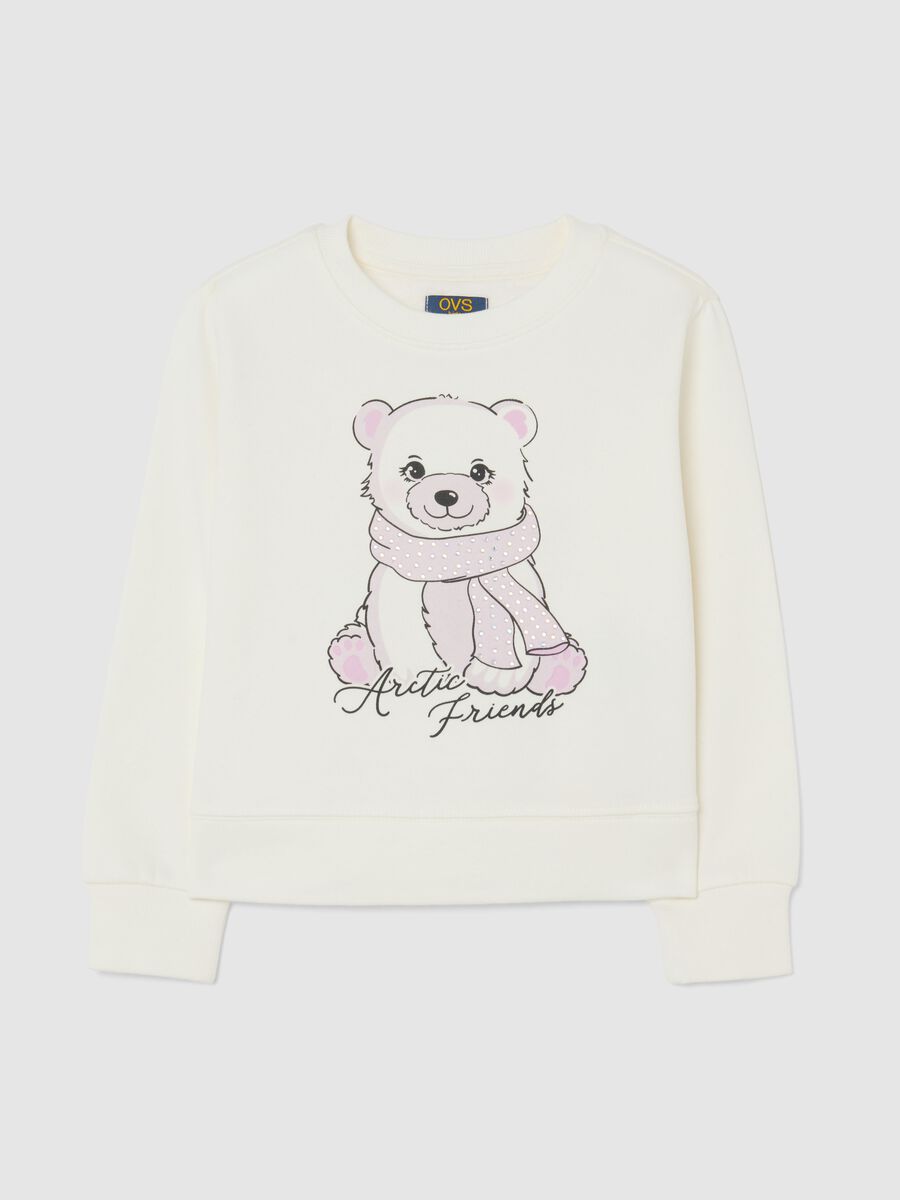 Girls' pure cotton white sweatshirt with print and round neckline_0