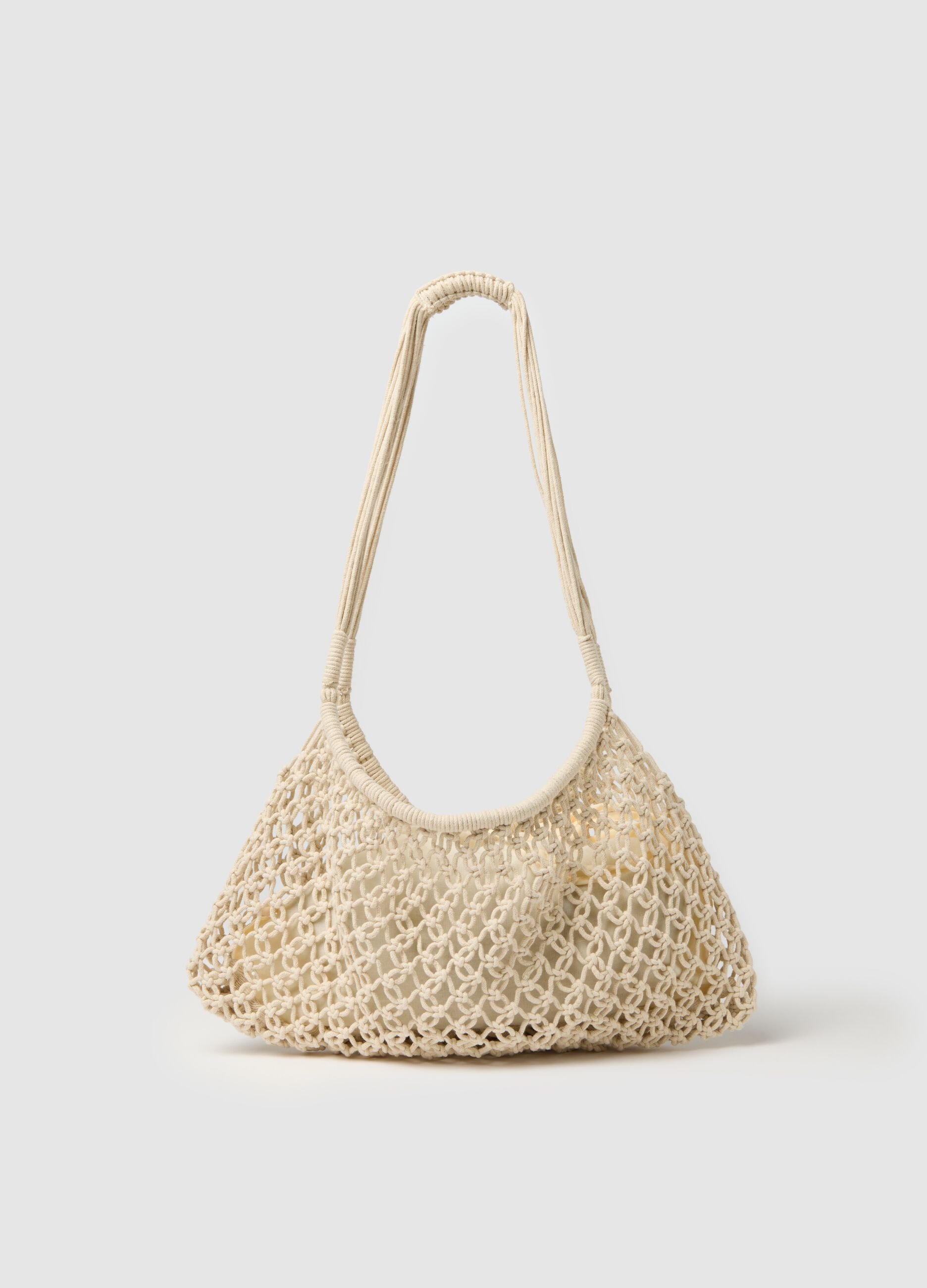 Borsa mare da donna in cotone beige con tracolla intrecciata