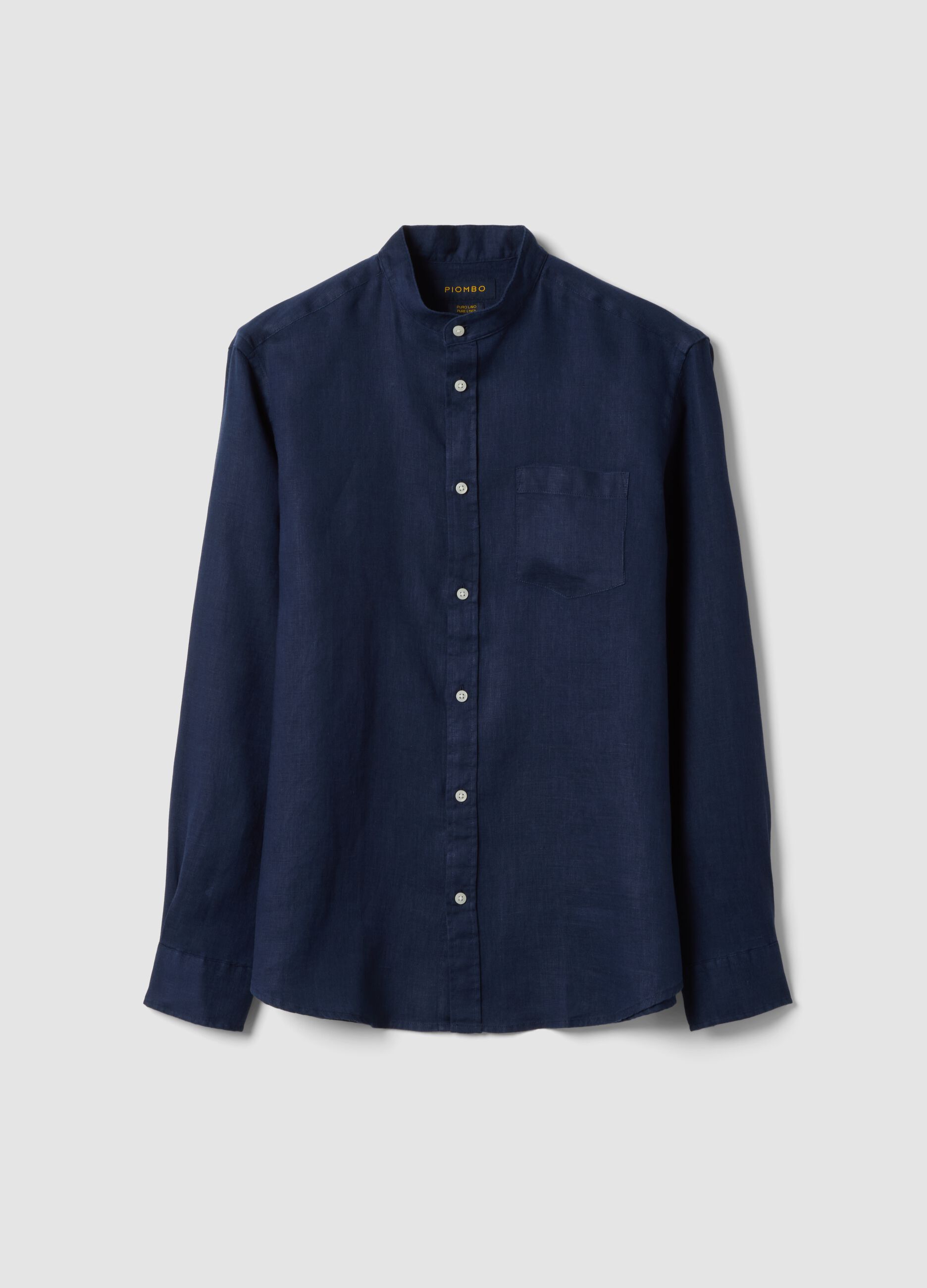 Blue pure linen shirt with band collar, regular fit
