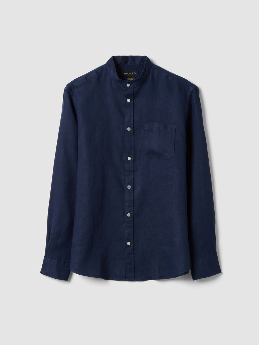 Camicia blu in puro lino con collo coreano regular fit_4