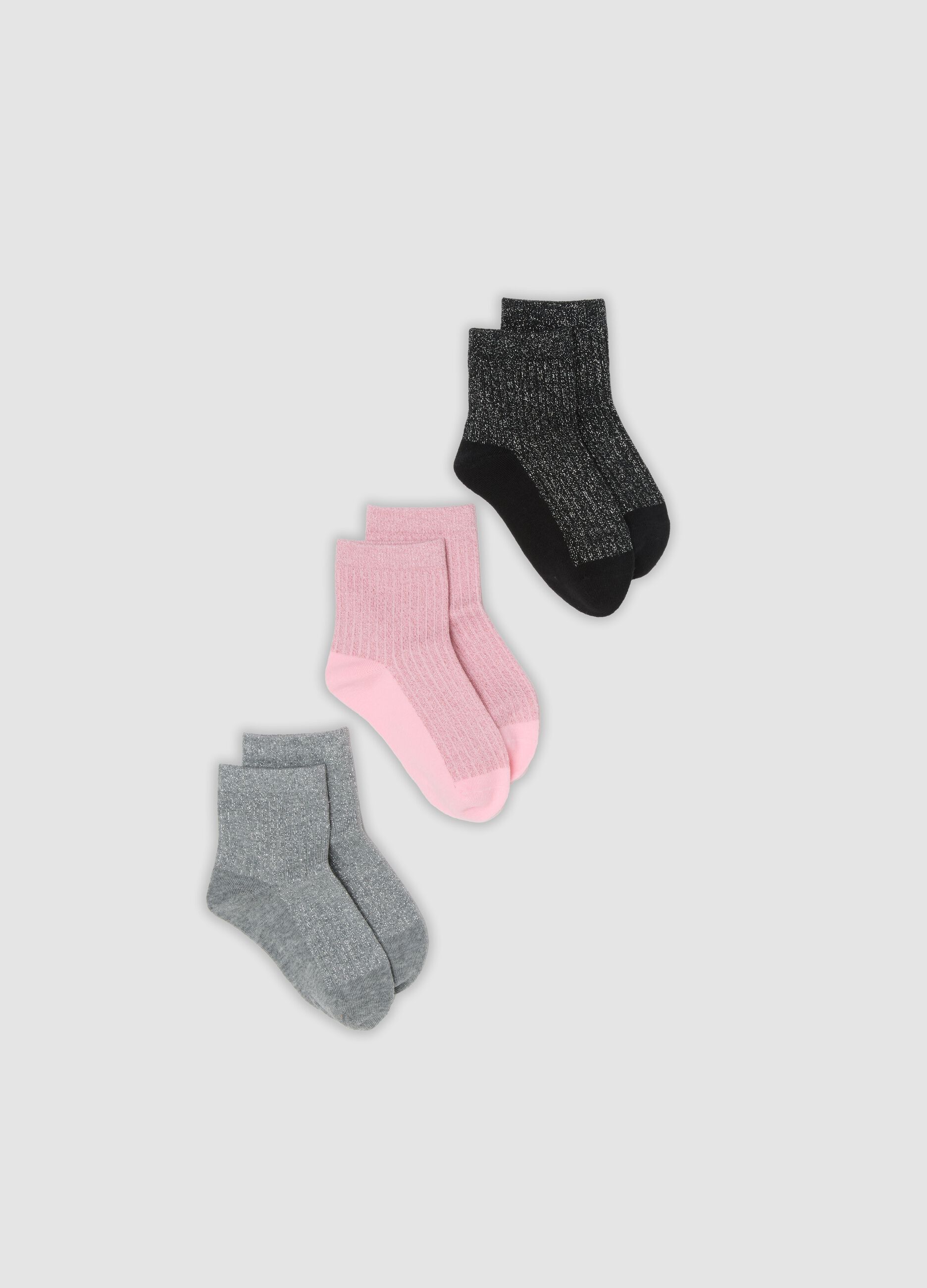 3-pack of multicolour glitter ribbed ankle socks in stretch organic cotton